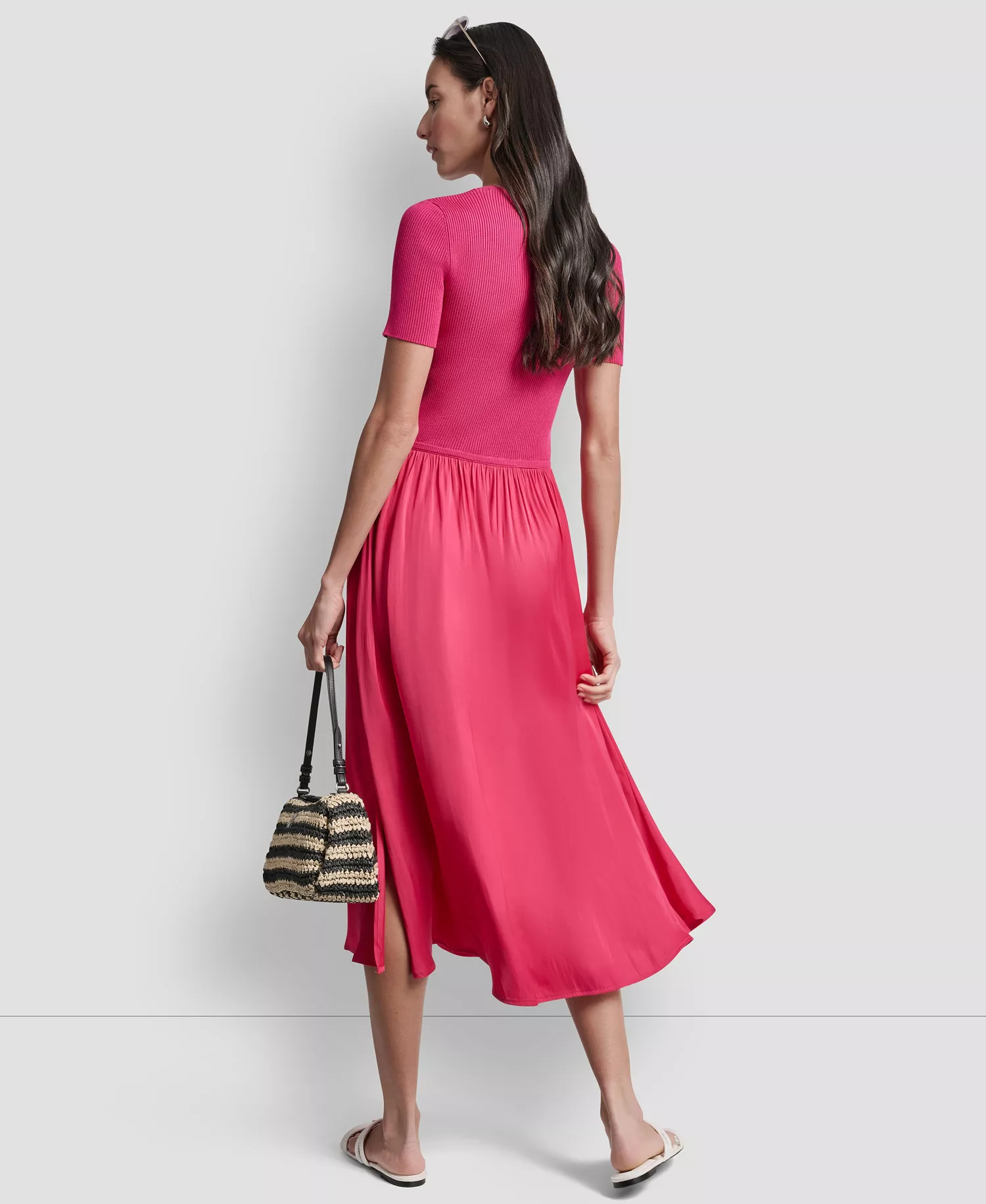 Women's Short-Sleeve Mixed Media Midi Sweater Dress - Hot Pink - L