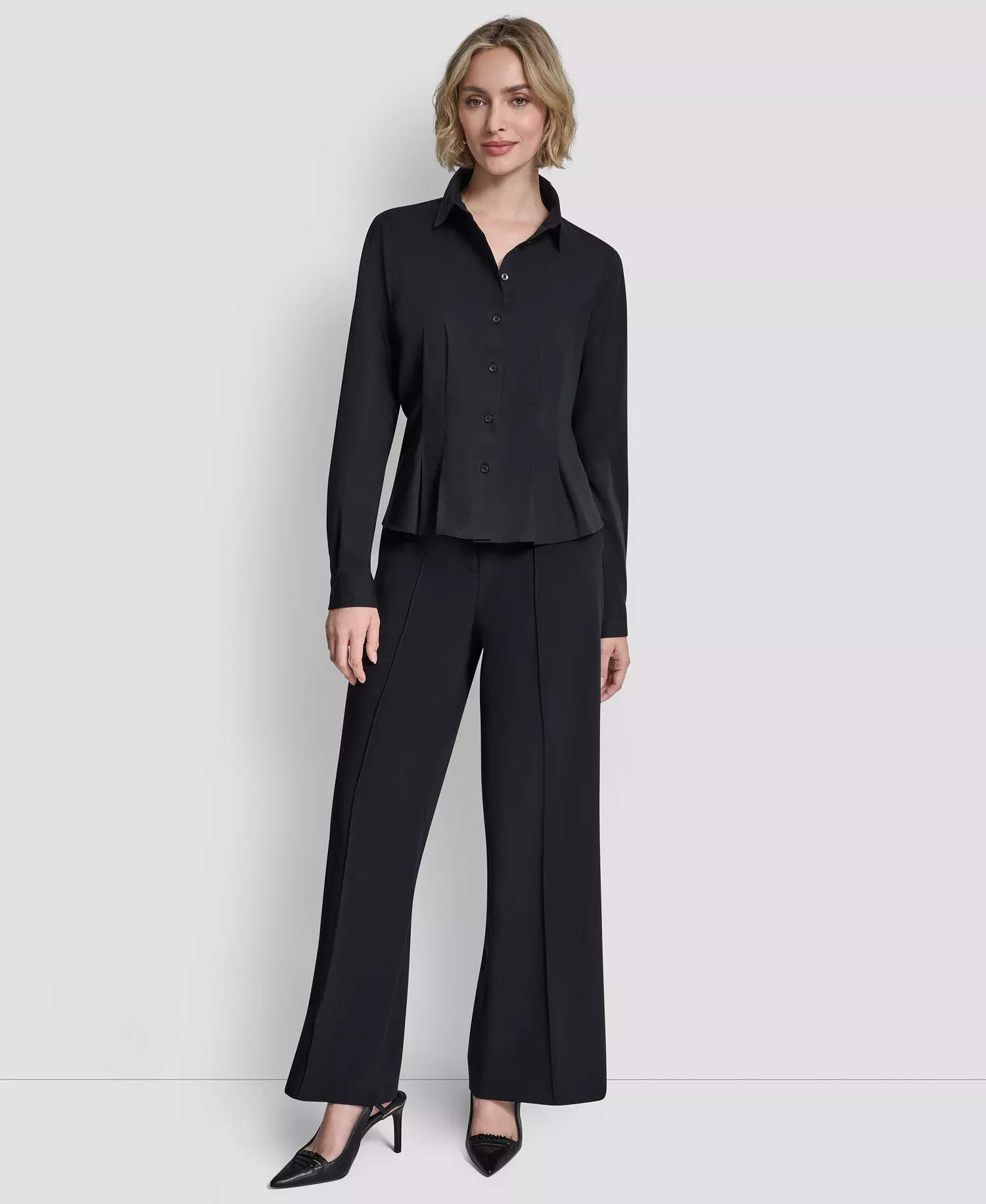 Women's Pleated Button-Up Blouse - Navy - L