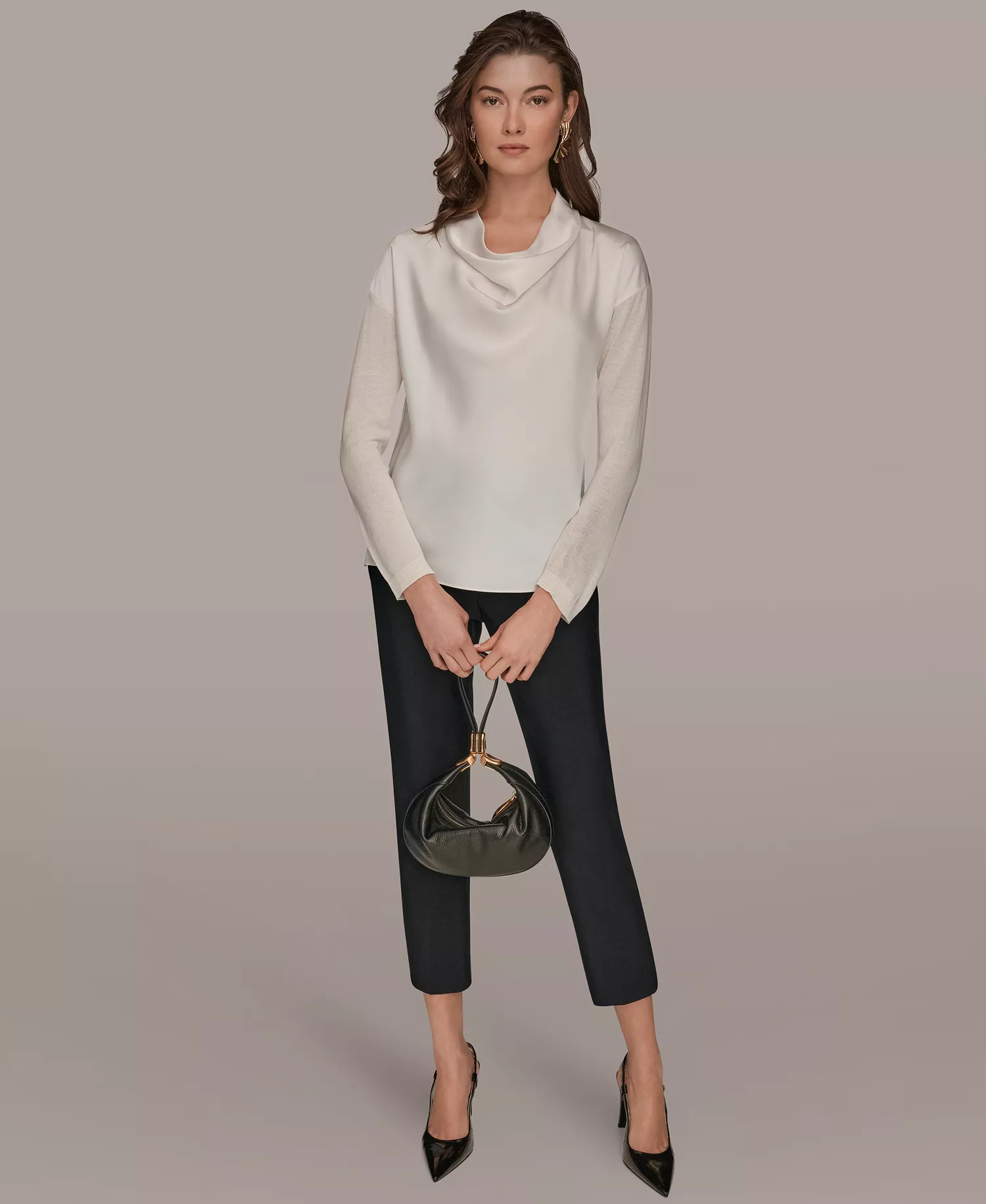 Women's Long-Sleeve Mix Media Cowl Front Top - Cream - L