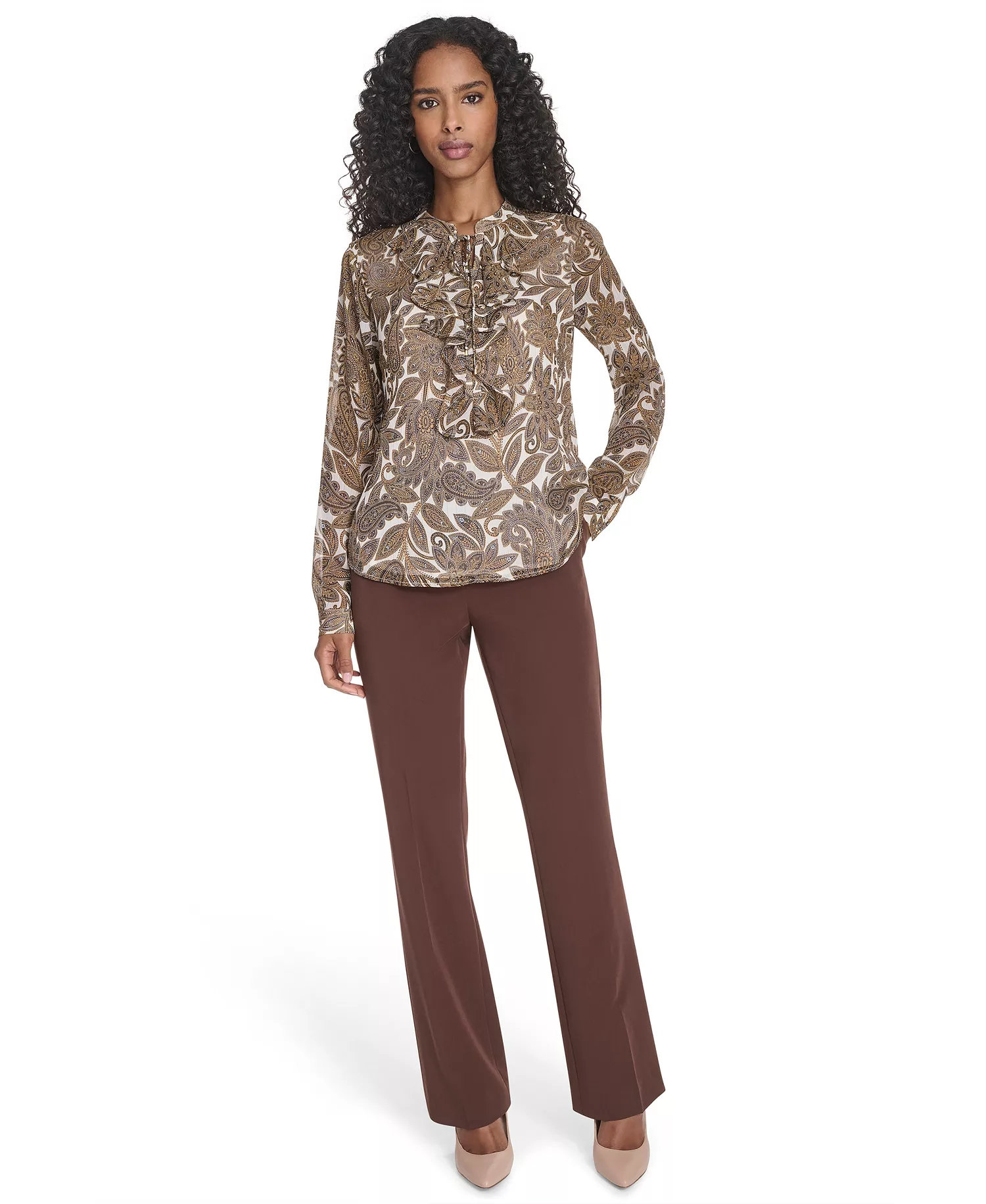 Women's Paisley Ruffle Long Sleeve Blouse - Sky Multi - S