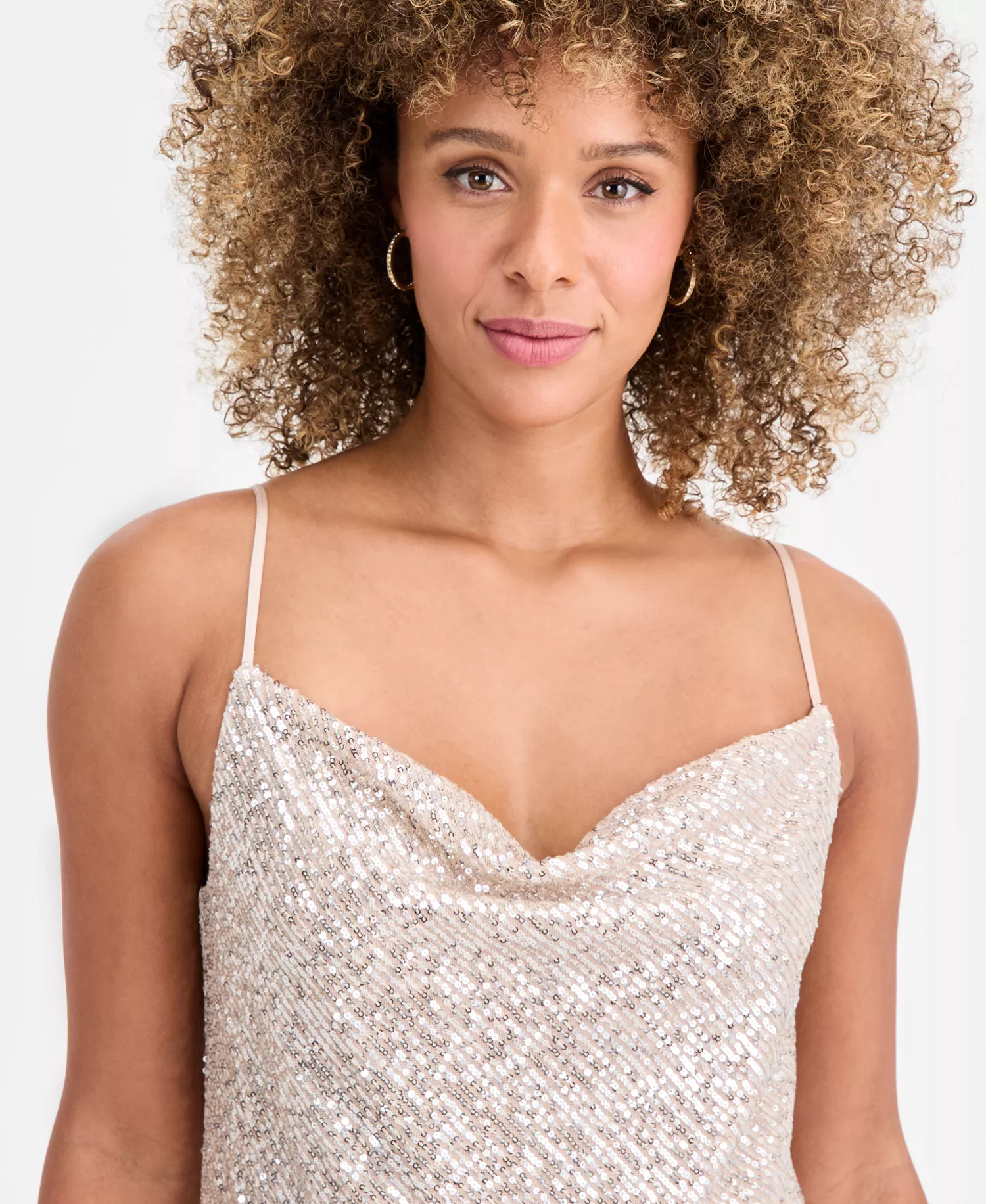 Women's Sequinned Cowl-Neck Top - Nude/silver - L