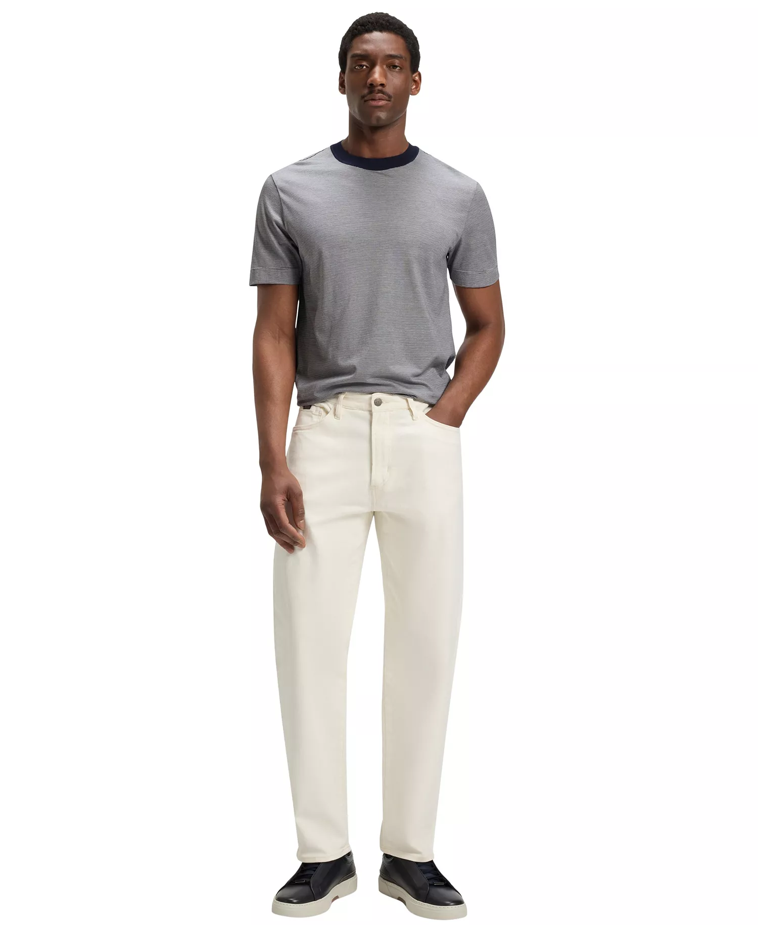 Men's Fineline Stripe Cotton-Silk T-Shirt - Dark Blue - XXL