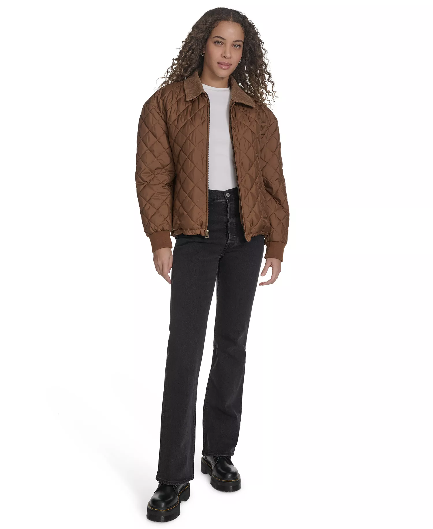 Women's Diamond Quilted Bomber with Corduroy Collar - Bison - M