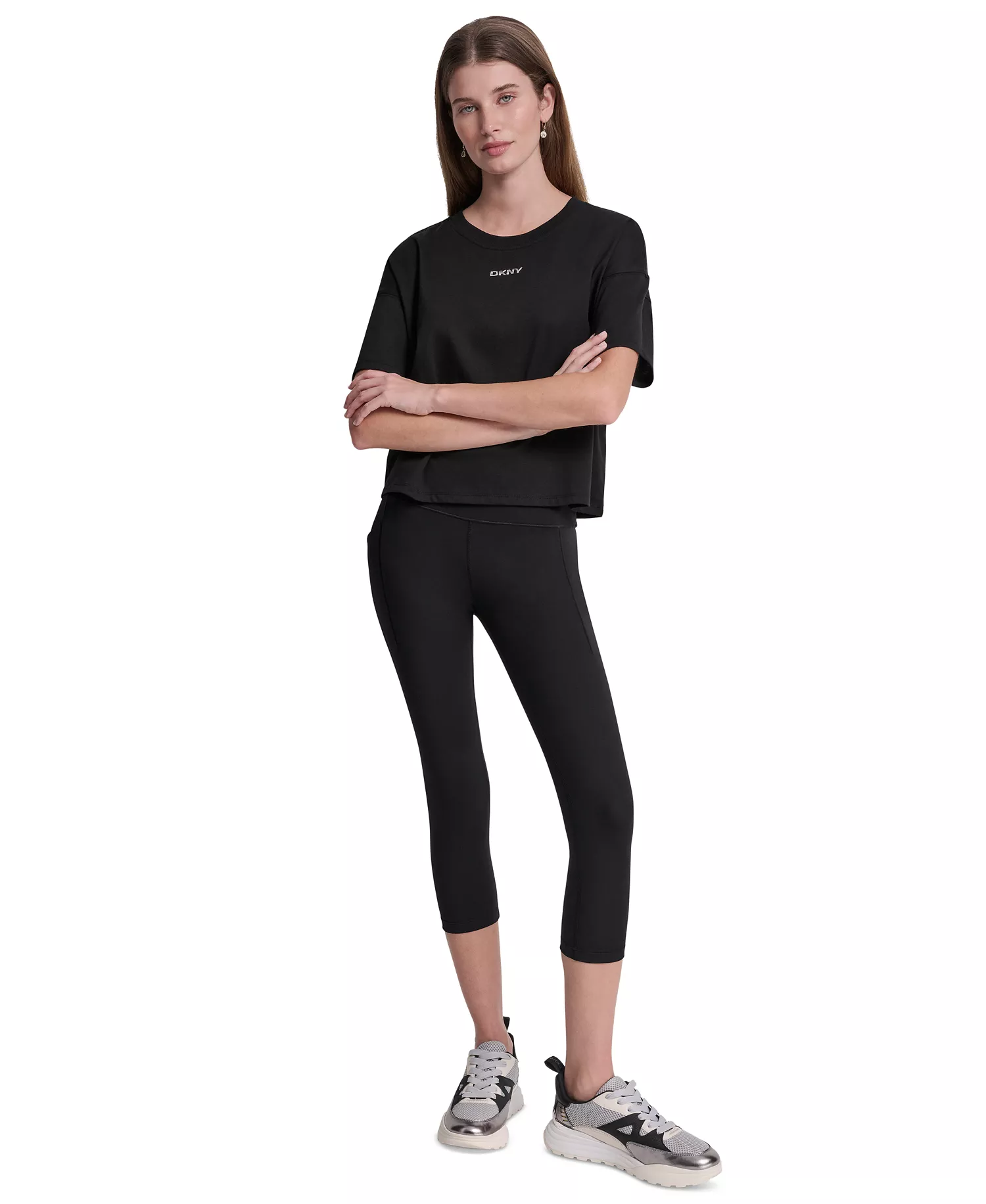 Women's Metallic Bubble Logo Drop Shoulder Pull-On T-Shirt - Black - L