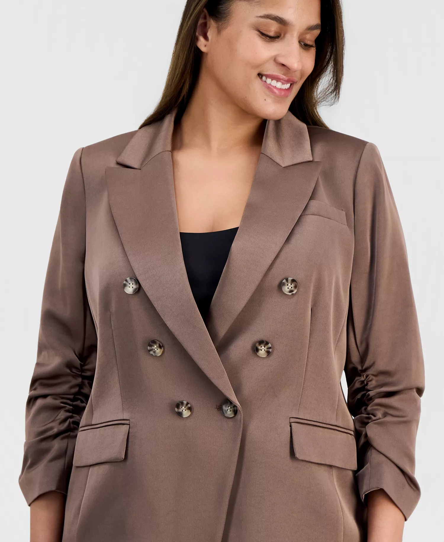 Plus Size Faux-Double-Breasted Satin Jacket  - Mocha - 14W