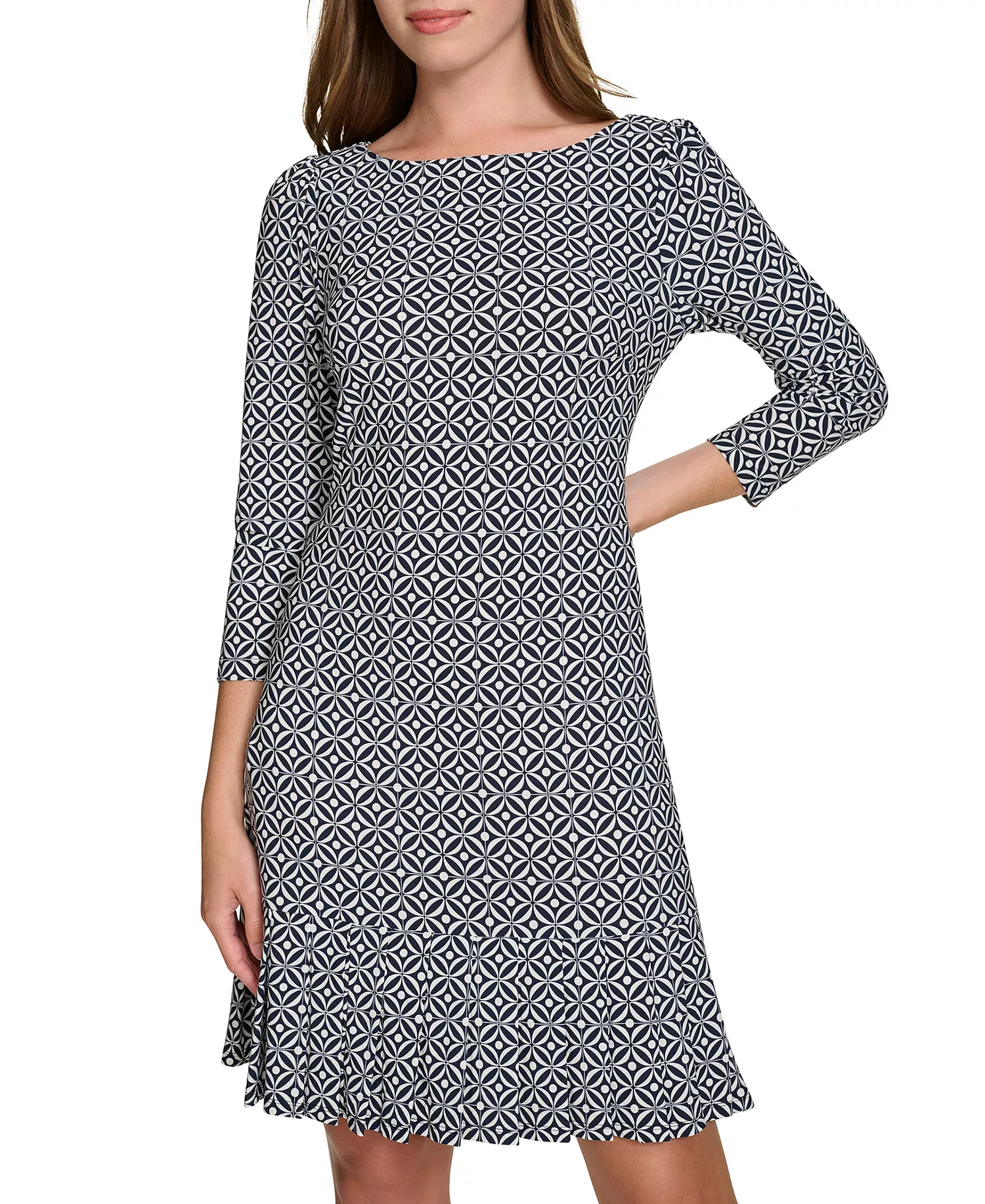 Women's Printed Pleated-Hem Shift Dress - Sky Captain/Cream - 10