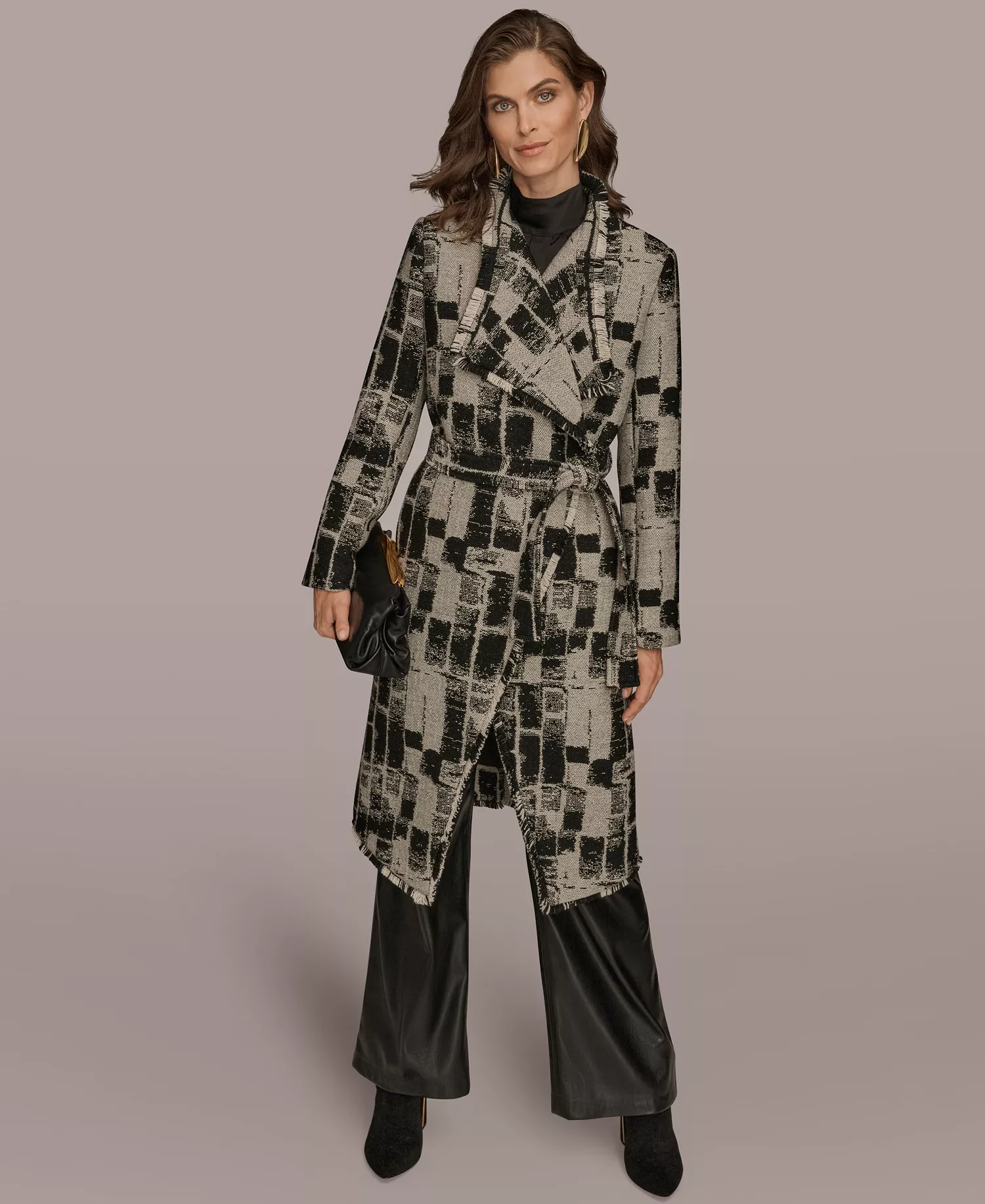 Women's Collared Self Belt Coat - Black/Cream - L