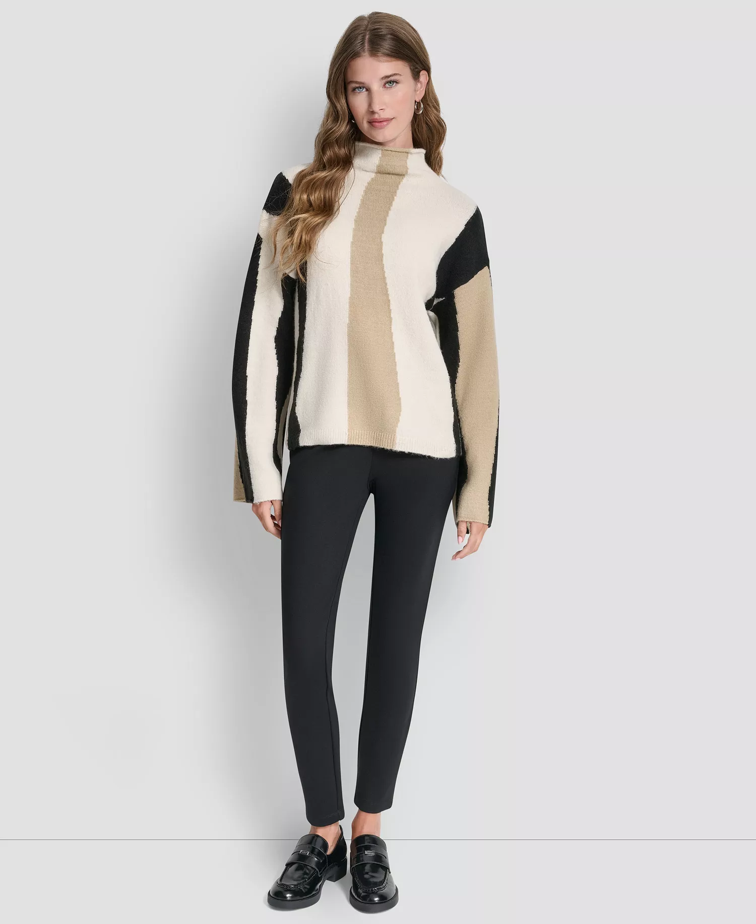 Women's Long-Sleeve Mock Neck Color-Block Sweater - Ecru Multi - L