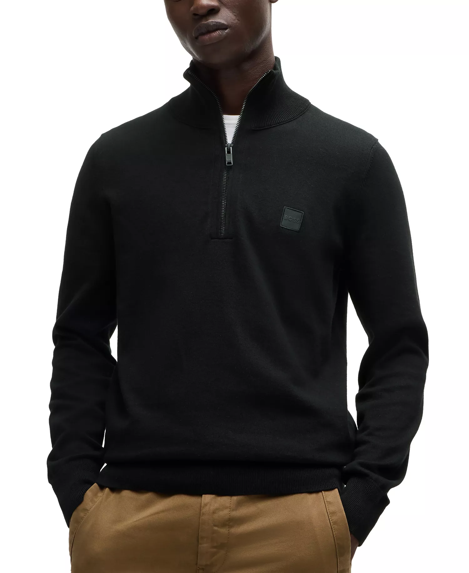 Men's Logo-Patch Zip-Neck Sweater - Black - M