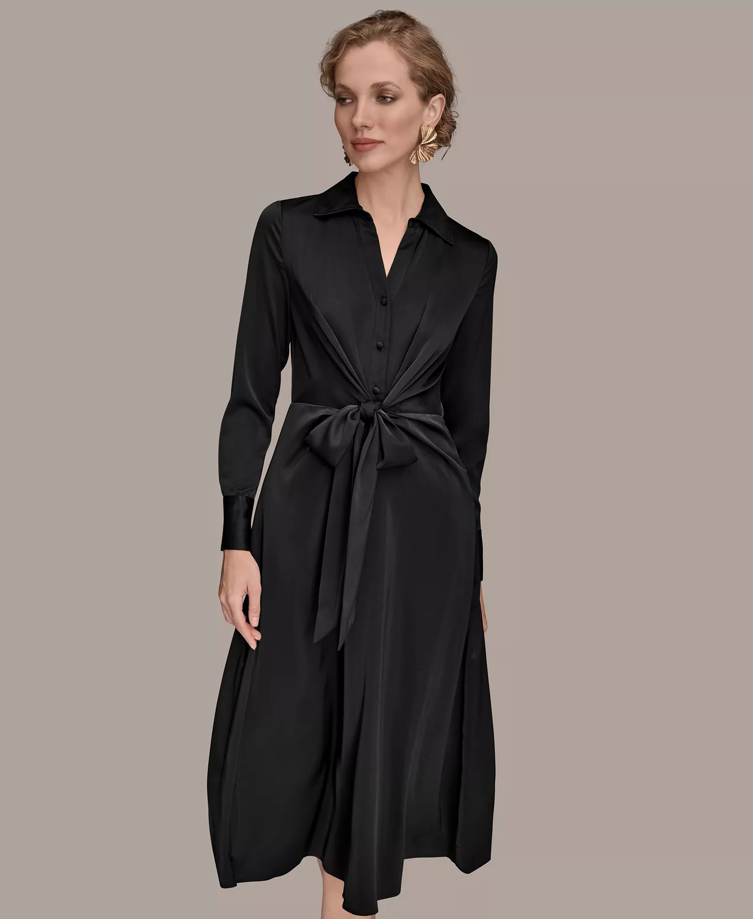 Women's Tie Front Shirt Dress - Black - 10