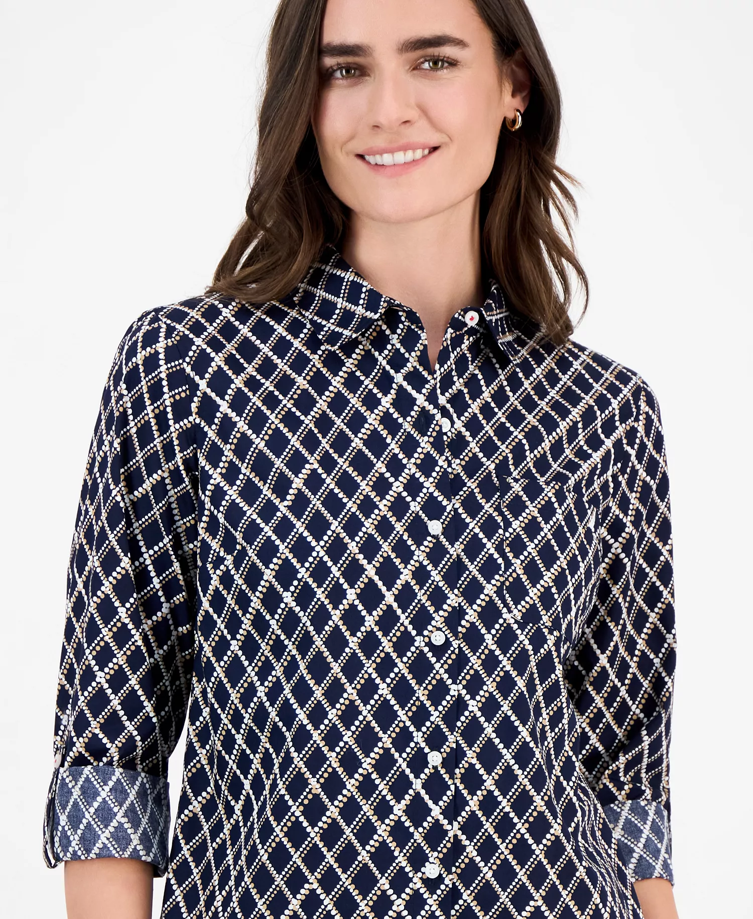 Women's Patterned Roll-Tab Shirt - Argyle Night Sky Multi - L