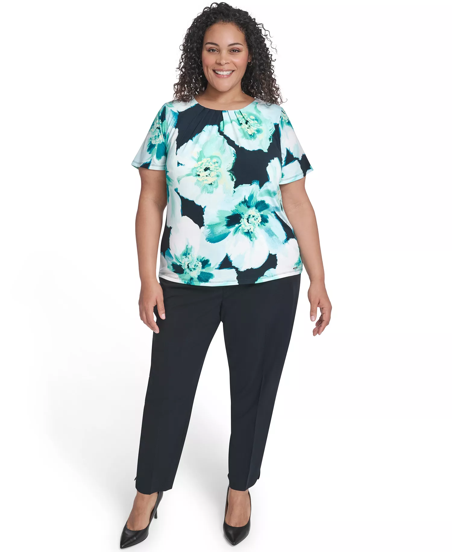 Plus Size Crewneck Short-Sleeve Top - Navy/Seaspray Multi - 1X