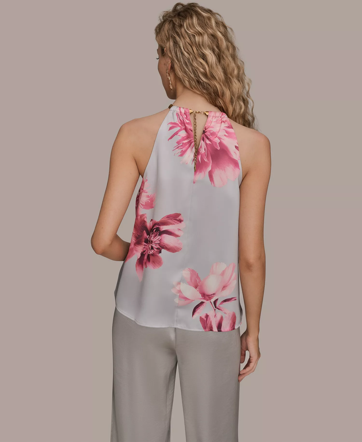 Women's Printed Twist Neck Coil Halter Top - Pink Sands Multi - L