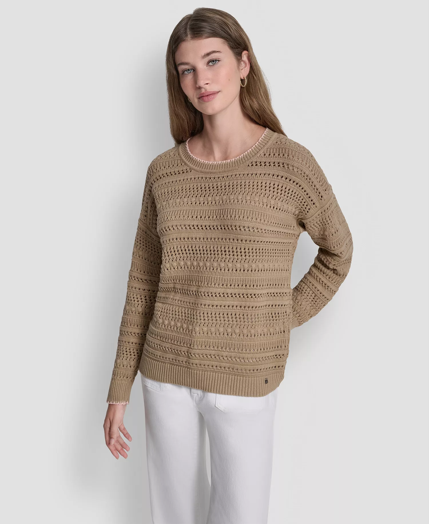 Women's Crew Neck Long-Sleeve Tipped Pointelle Sweater - Travertine/peach Spritz - L