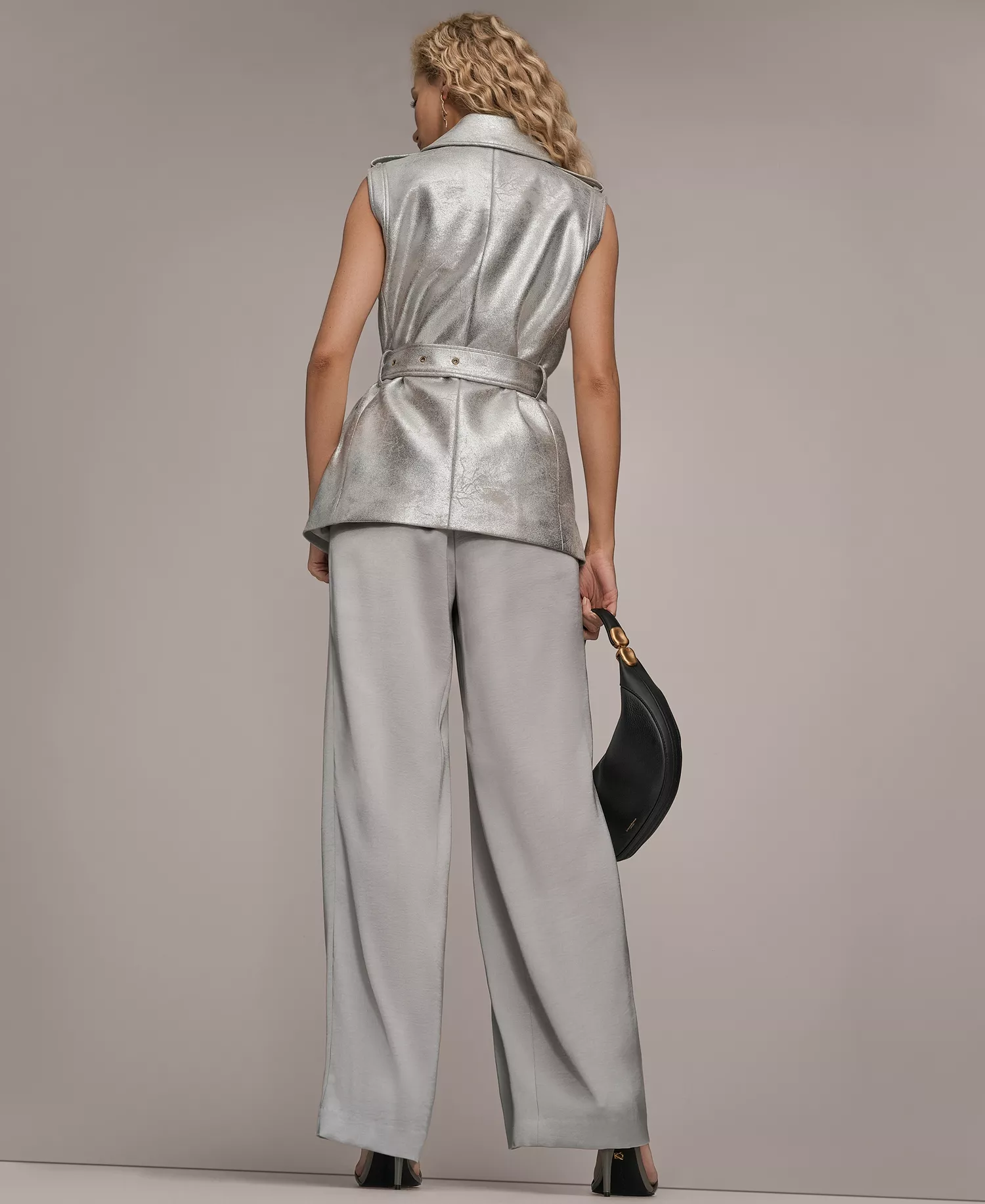 Women's Notch Lapel Collar Metallic Belted Vest - Vapor - L