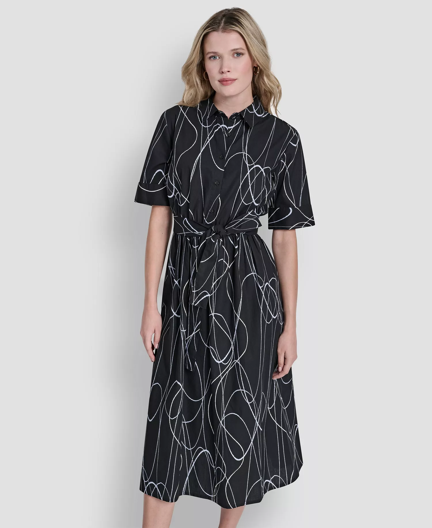 Women's Collared Midi Shirt Dress - Black Multi - 10