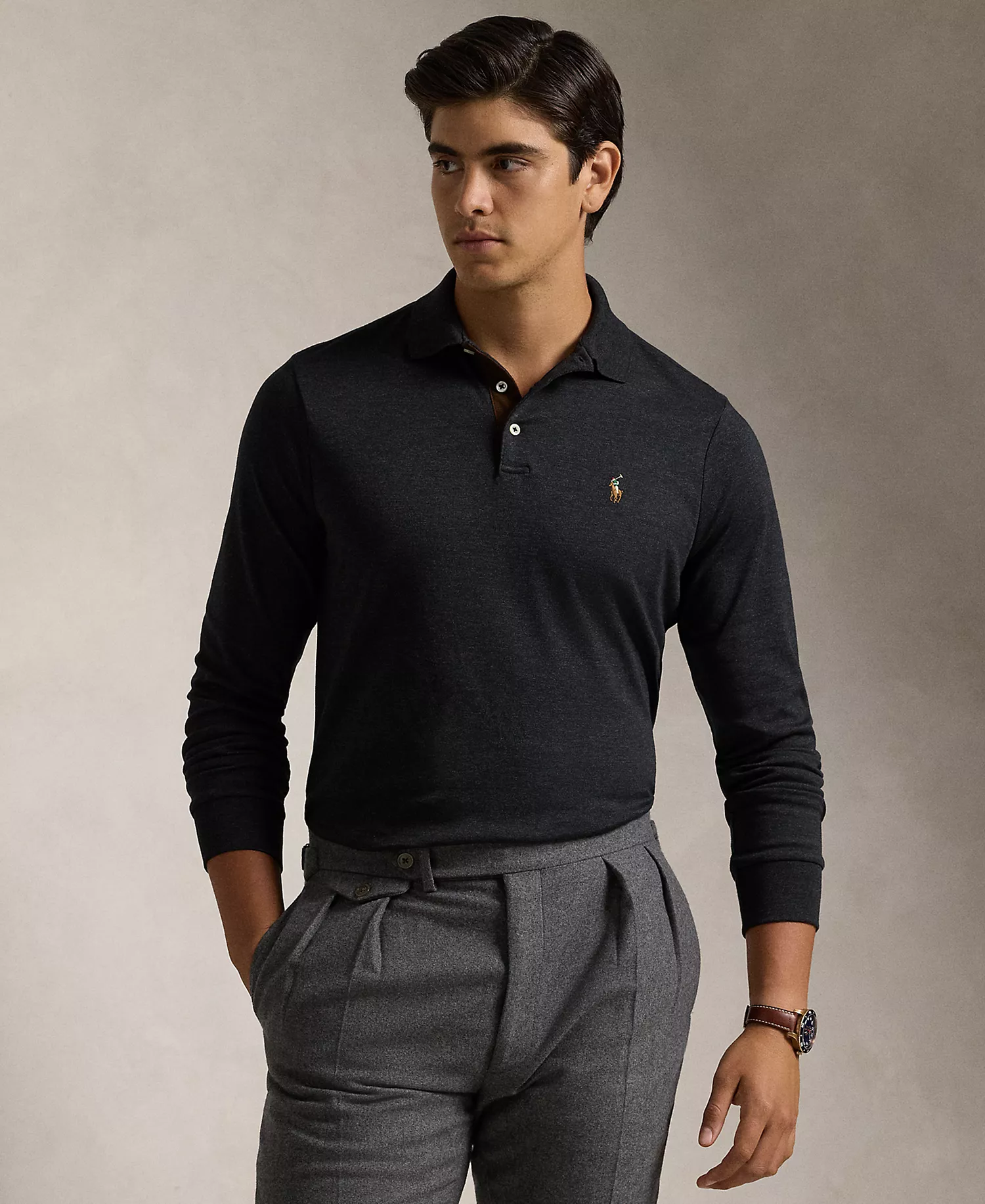 Men's Classic-Fit Long Sleeve Soft Cotton Polo Shirt - Black Marl Heather - 2XL