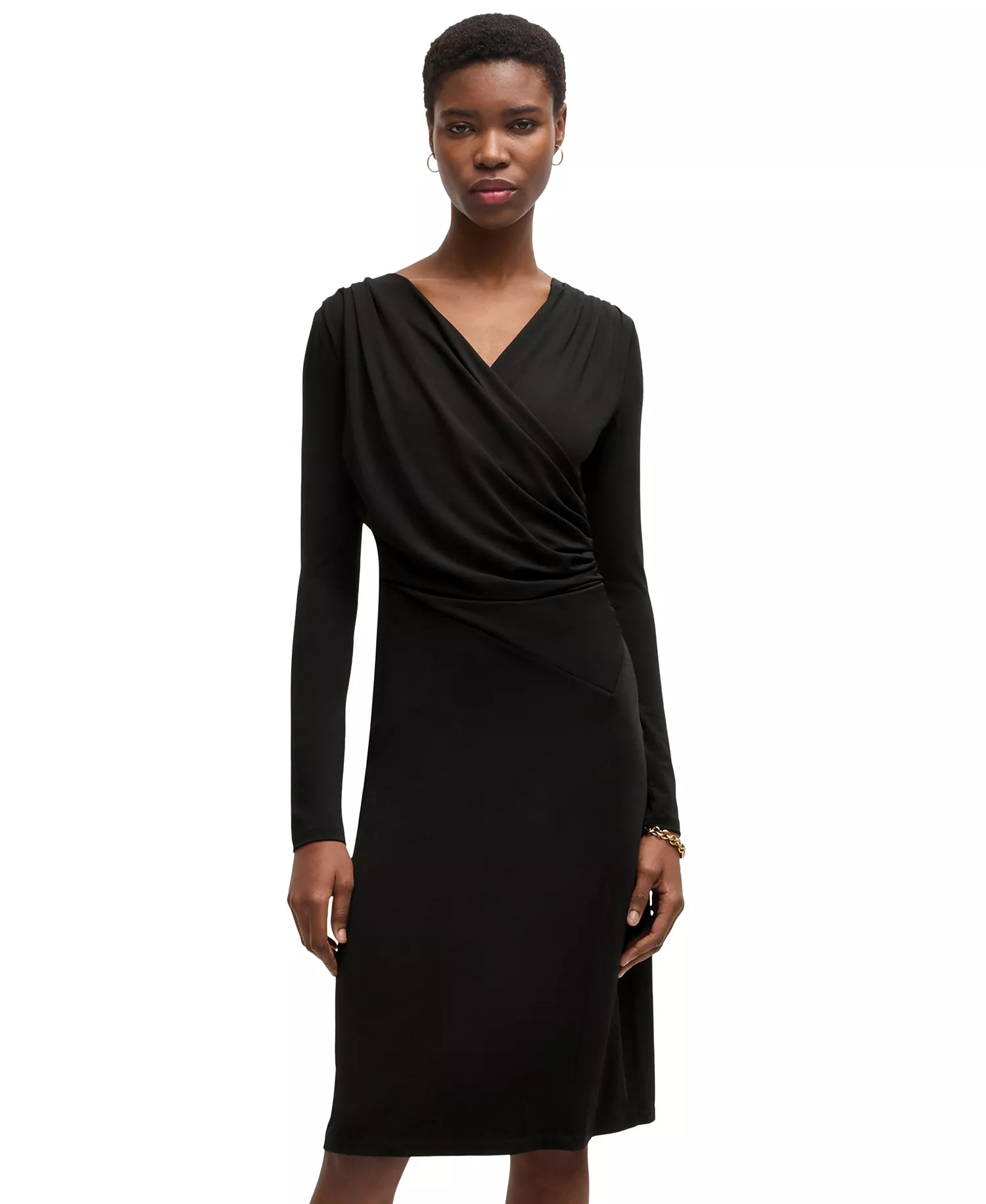Women's Stretch Crepe Wrap-Front Dress - Black - M