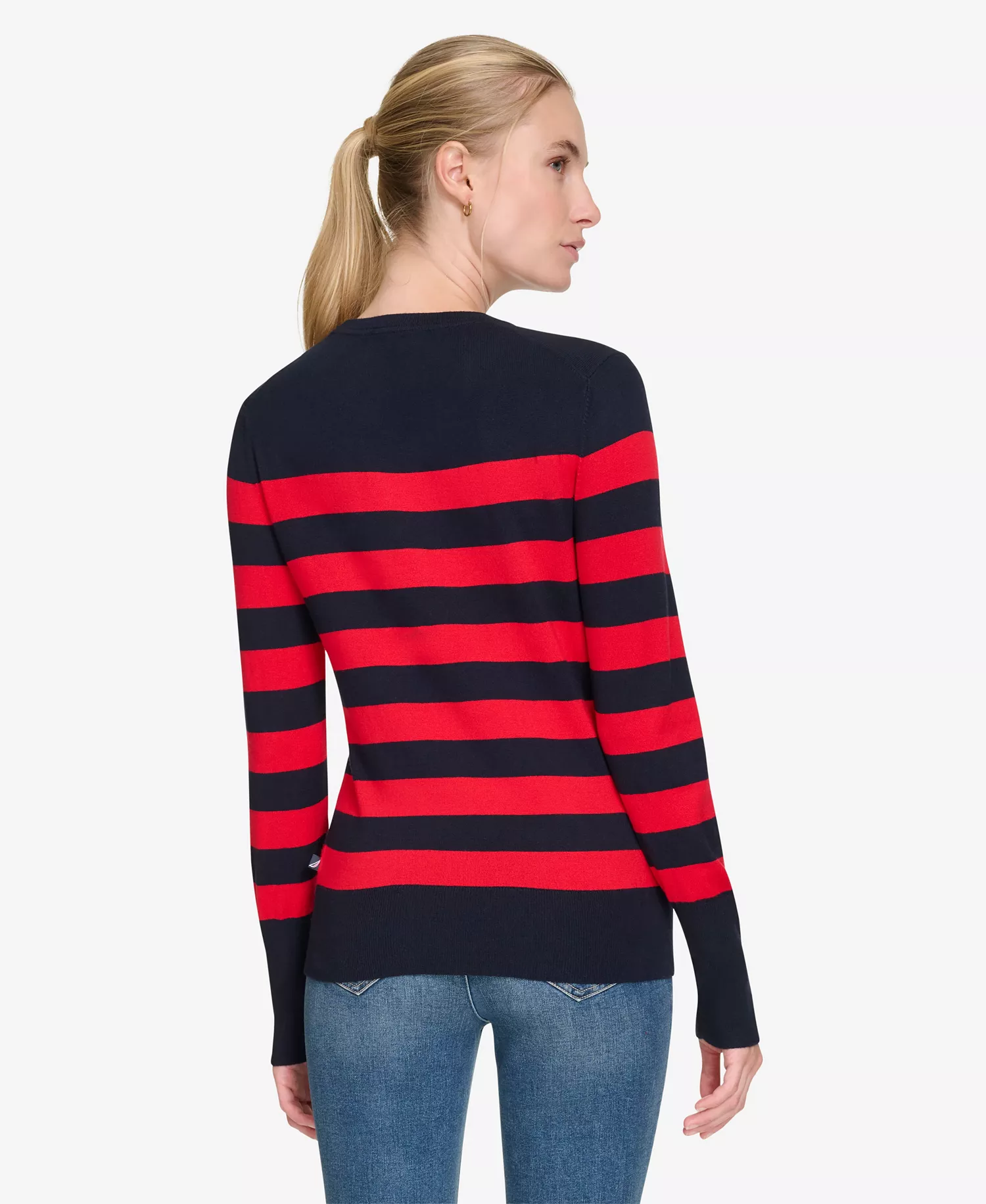 Nautica Women's Crewneck Stripe Sweater with Button Sleeve - Nigh Sky/Regatta Red - XL