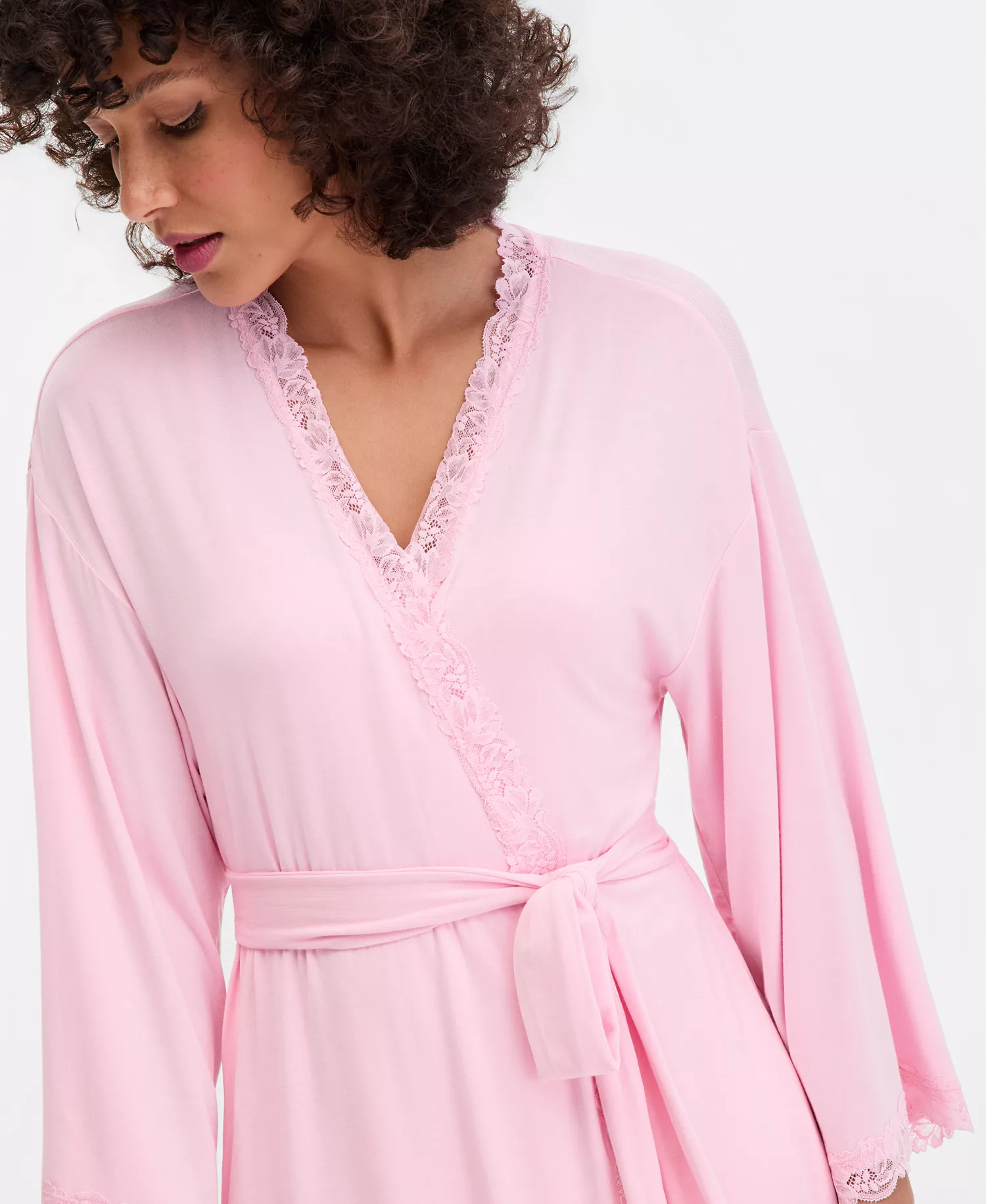 Women's Lace-Trim Knit Robe, Exclusively at Macy's - Orchid Pink - L