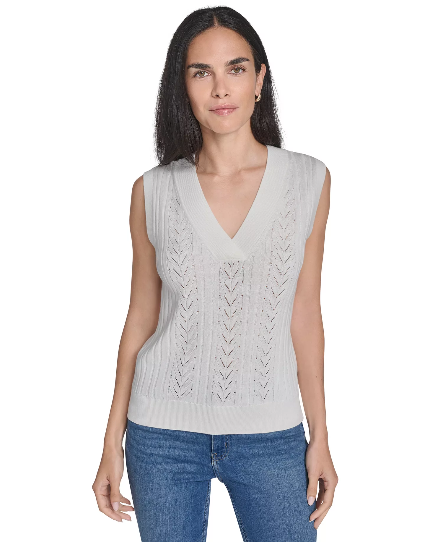 Nautica Women's V-Neck Pointelle Sweater - Ivory - L