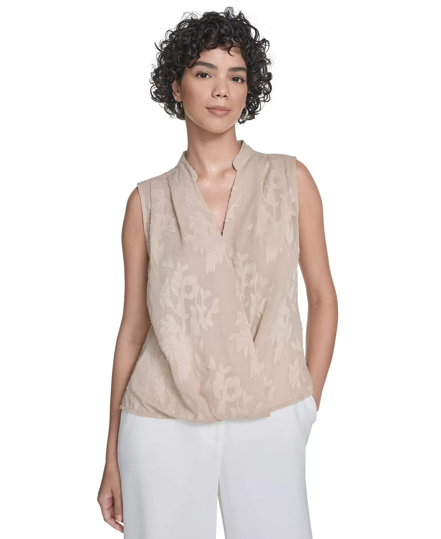 Women's Floral Surplice-Neck Sleeveless Blouse - Latte - L