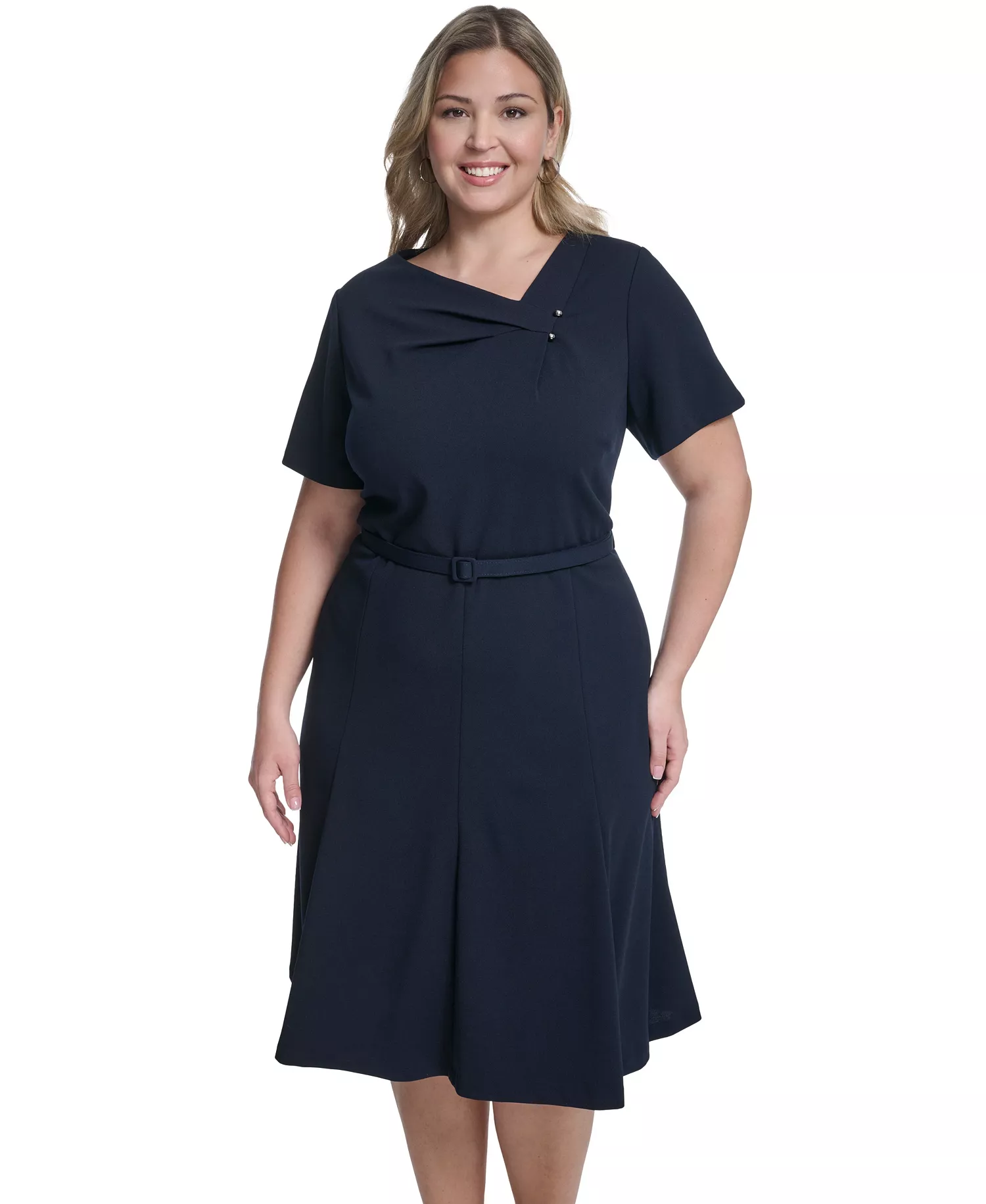 Plus Size Asymmetrical Neck A-Line Midi Dress - Indigo - 14W