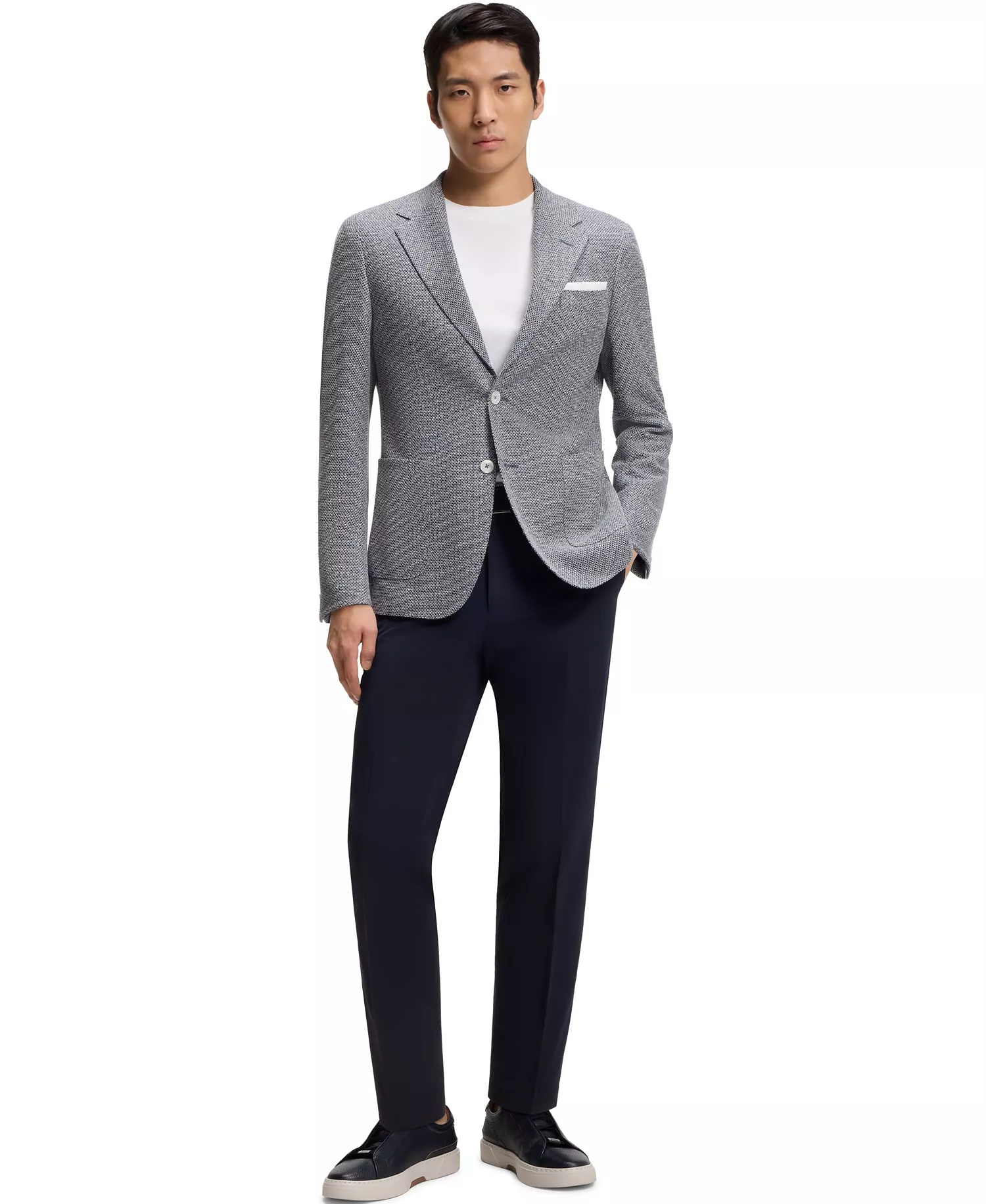 Men's Patterned Linen Blend Regular-Fit Blazer - Dark Blue - 40R