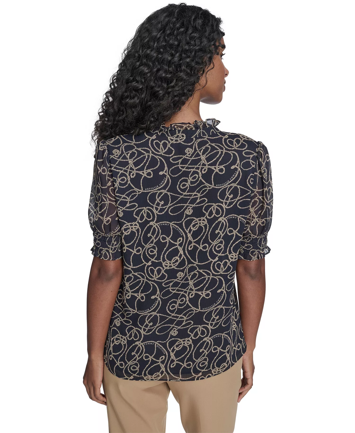 Women's Rope Print Ruffle Mock Neck Blouse - Midnight/ Irish Cream - L