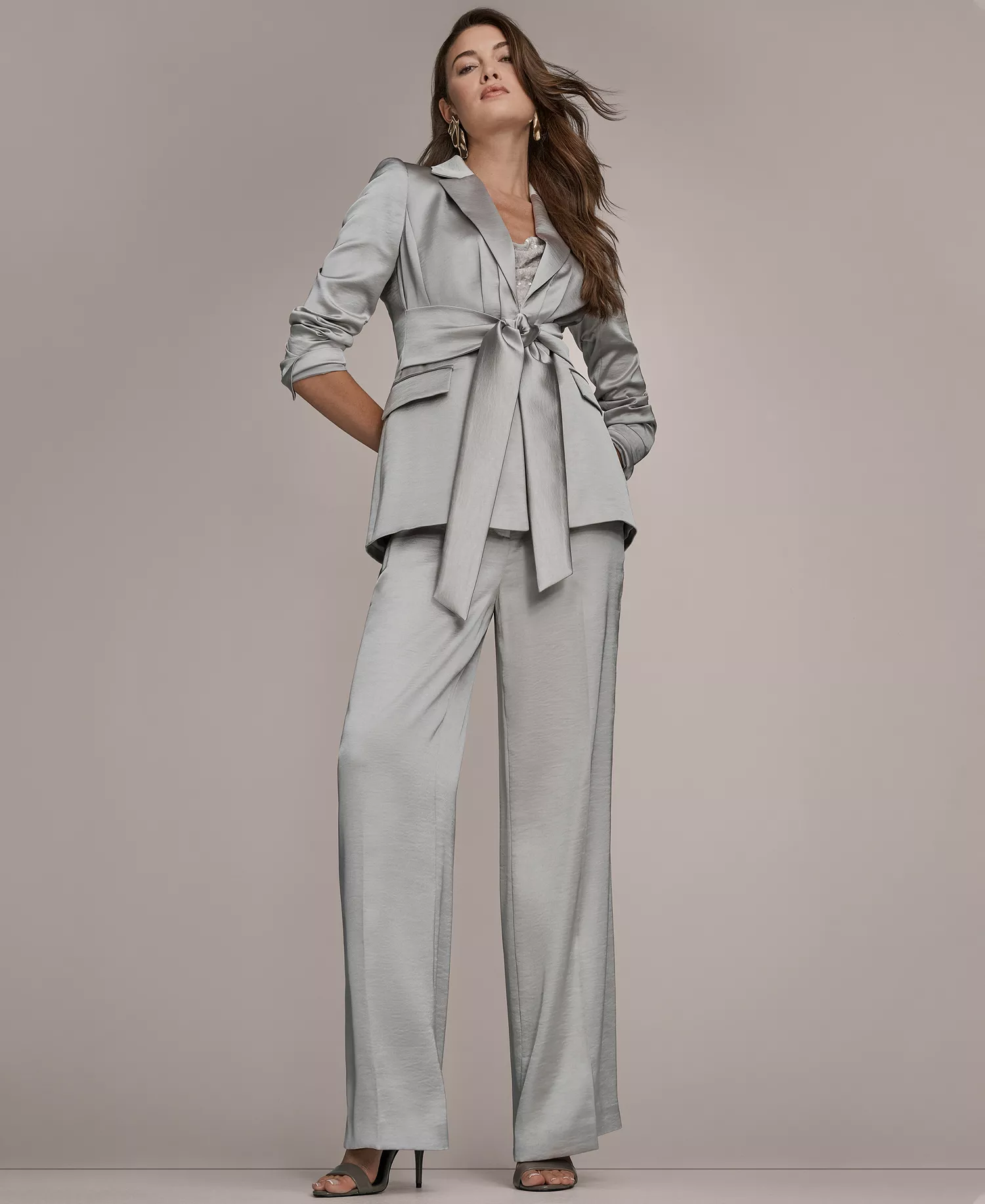 Women's Notch Lapel Collar Blazer, Sequin Detail Cowl Neck Camisole and Wide-Leg Mid-Rise Pants - Vapor - 0