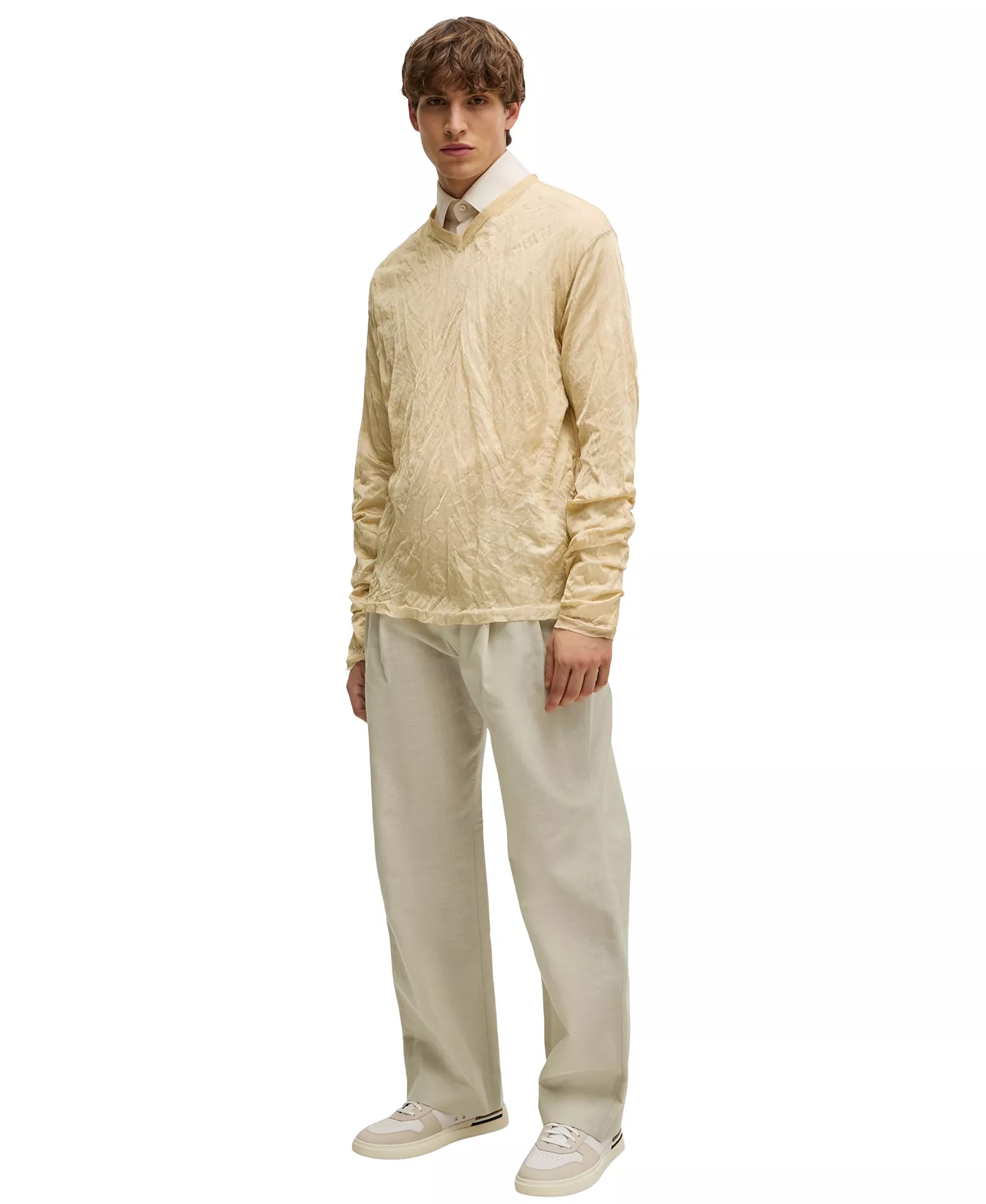 Men's Crinkled Knit V-Neck Sweater - Open Beige - XL