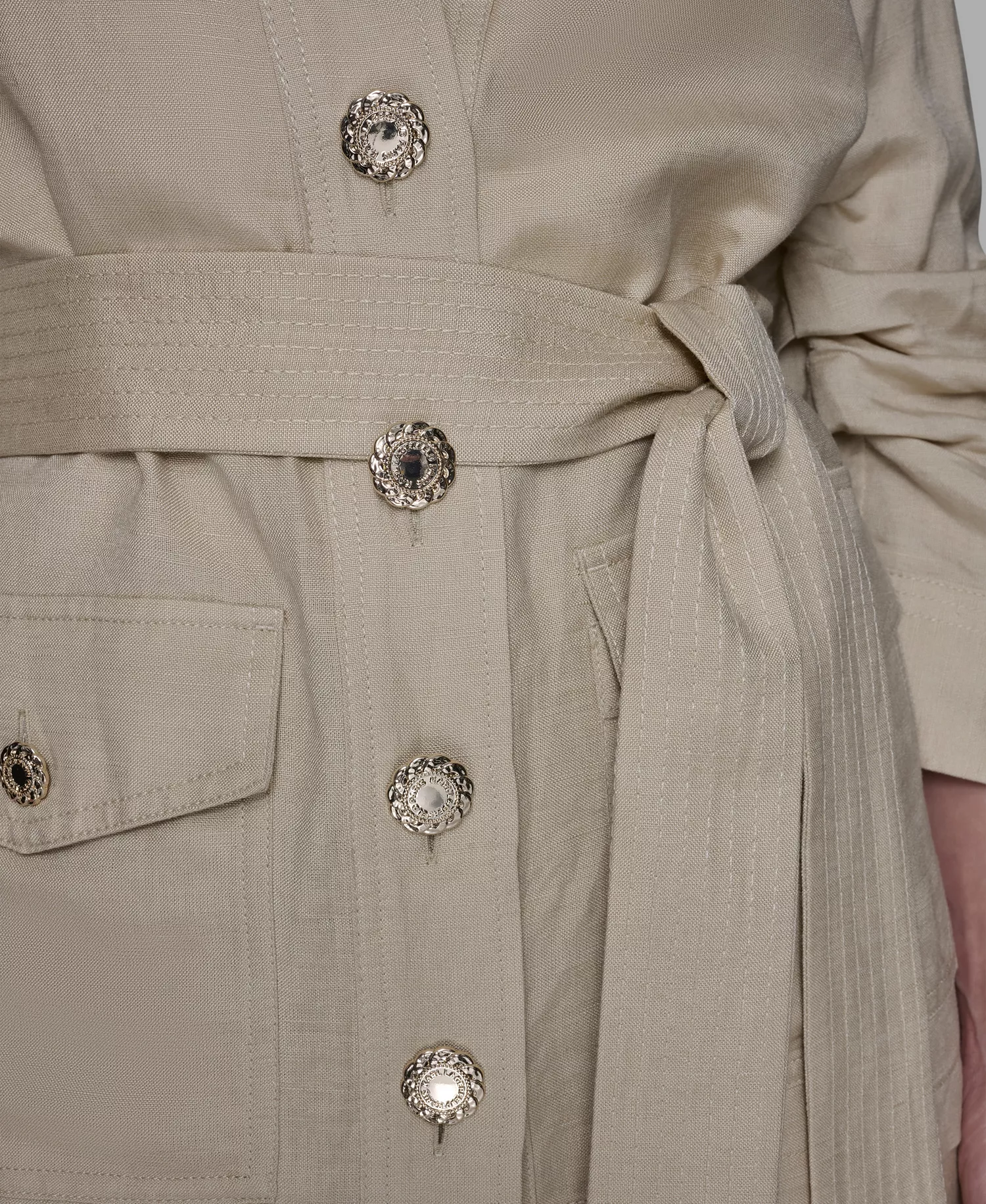 Women's Collared Linen-Blend Belted Jacket - Desert Sand Multi - L