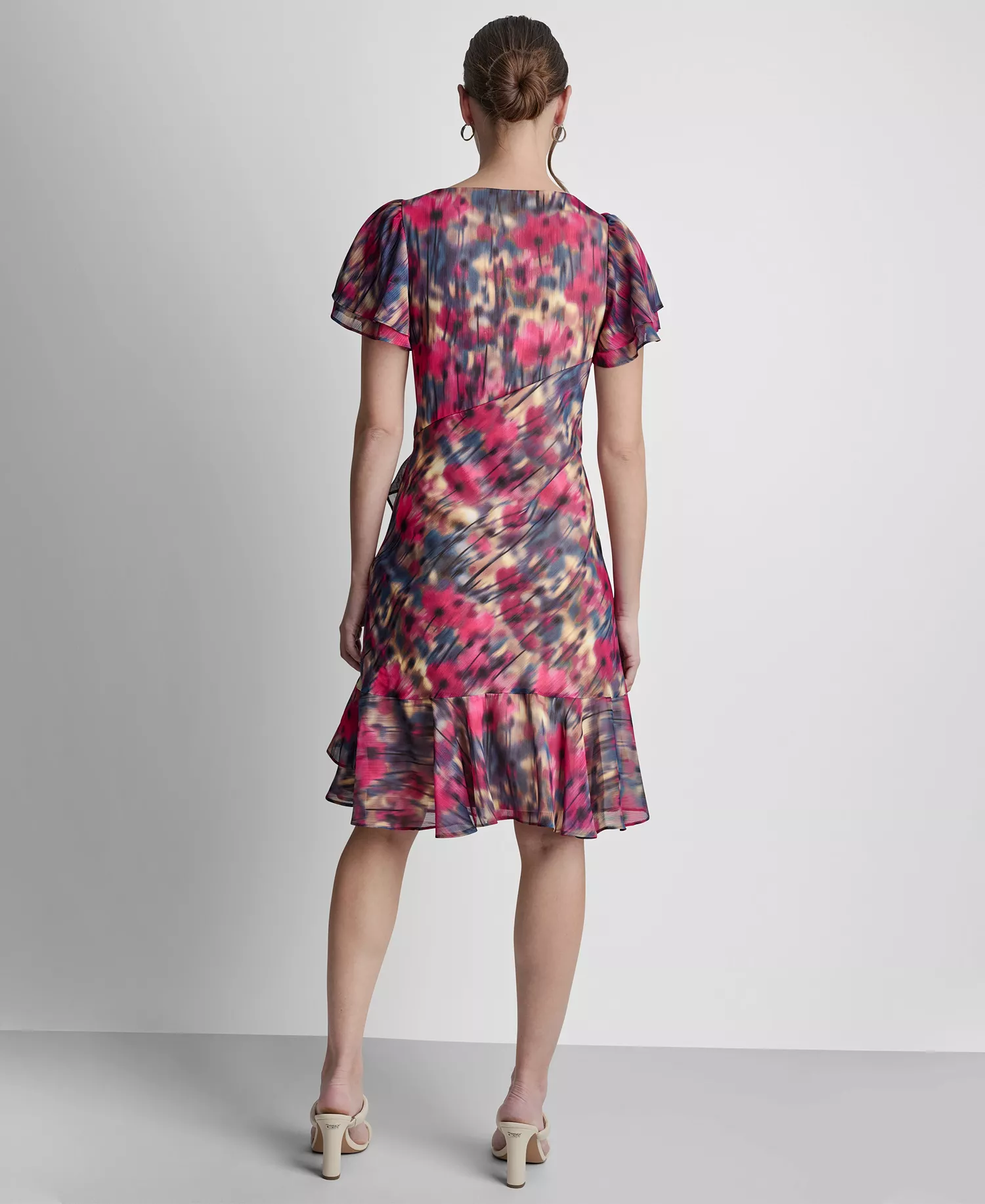 Petite Flutter-Sleeve Jewel Neck Dress - Lightt City Khaki Multi - 0P