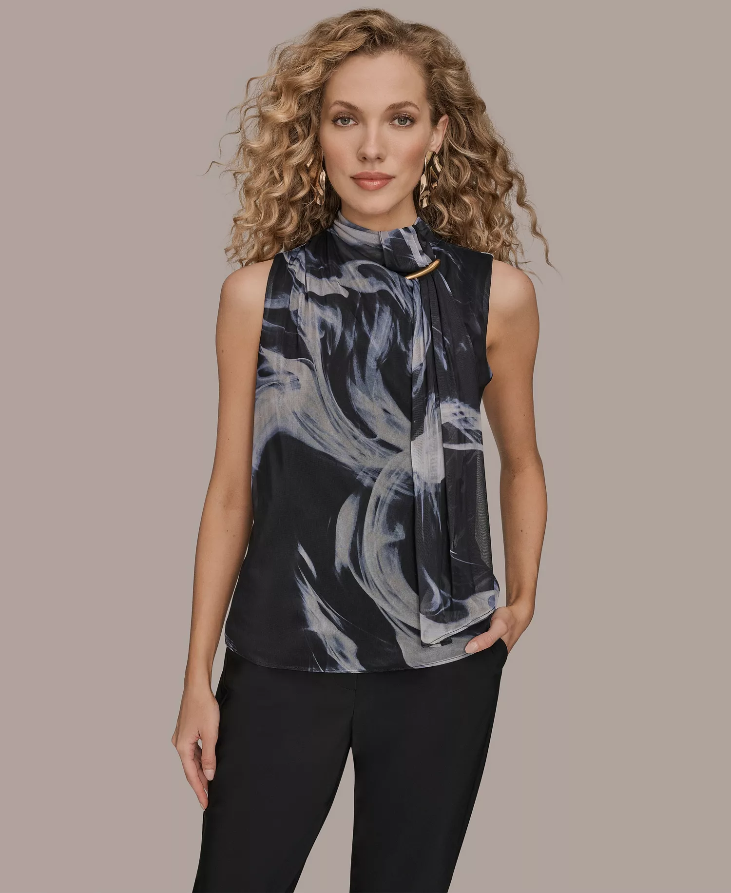 Women's Tie Neck Halter Bar Hardware Top - Black/vapor Multi - L