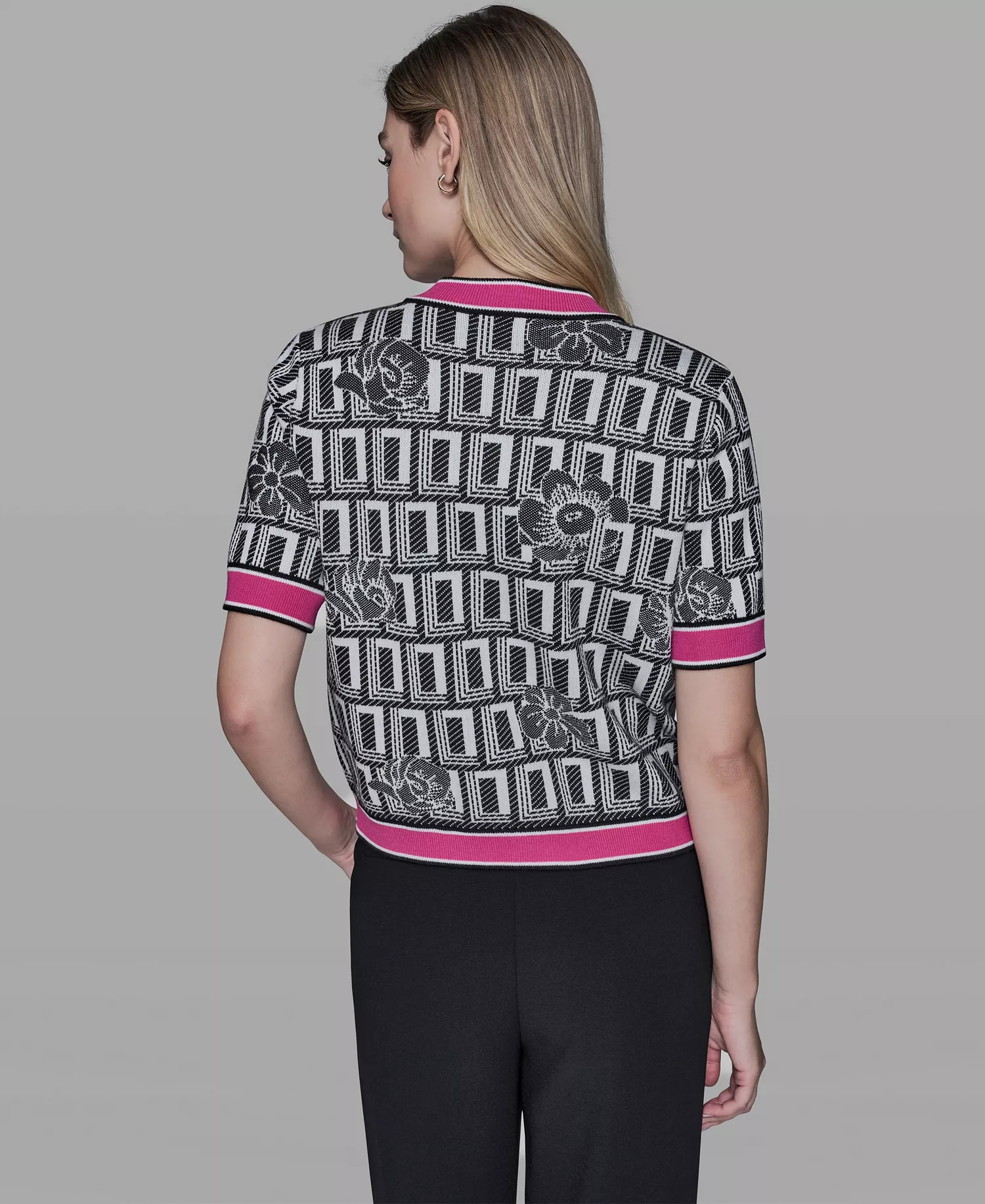 Women's Crew Neck Button-Front Sweater - Soft White/black/paris Pink - L