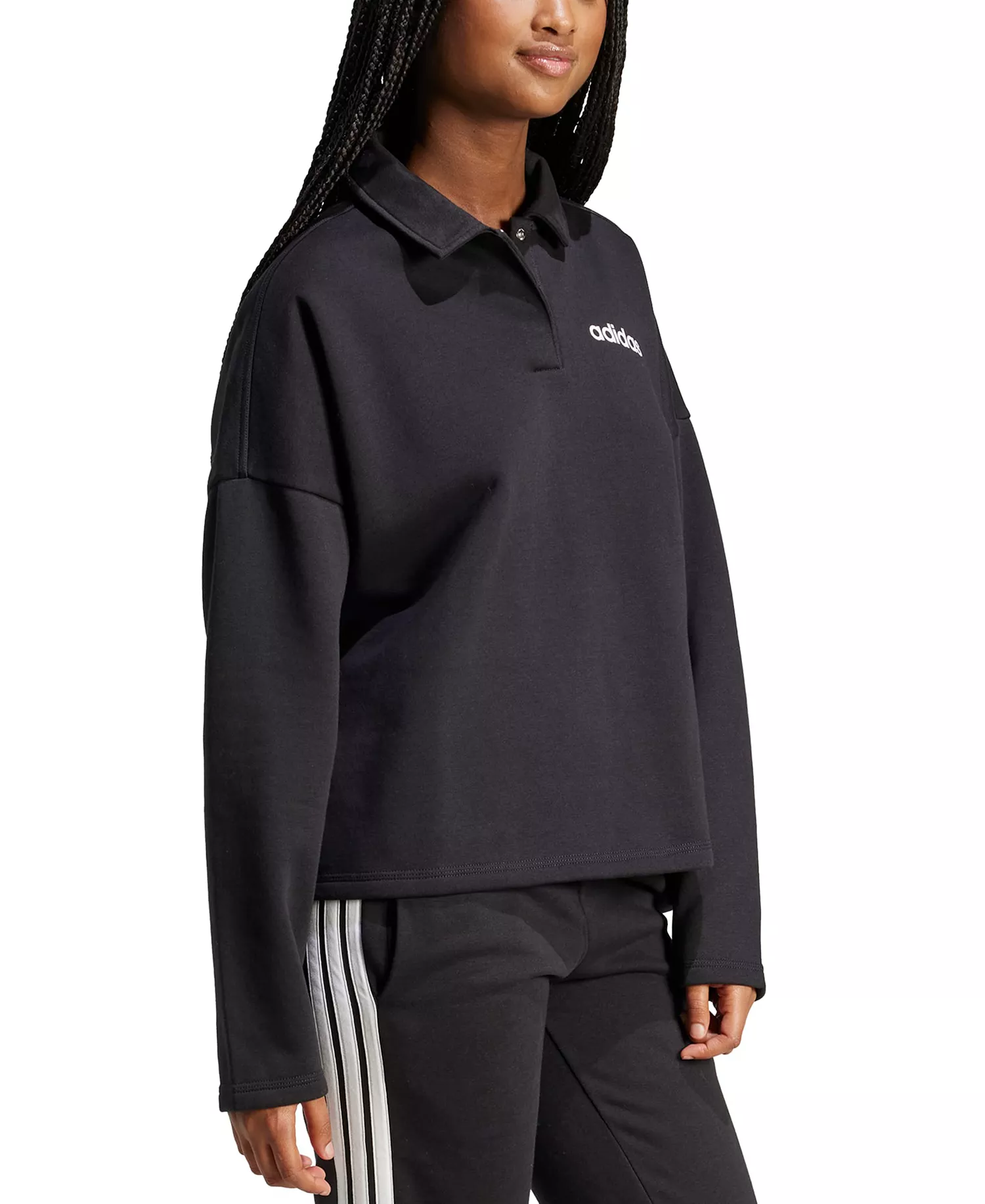 Women's Essentials Linear Fleece Polo Sweatshirt - Black/white - 2XL