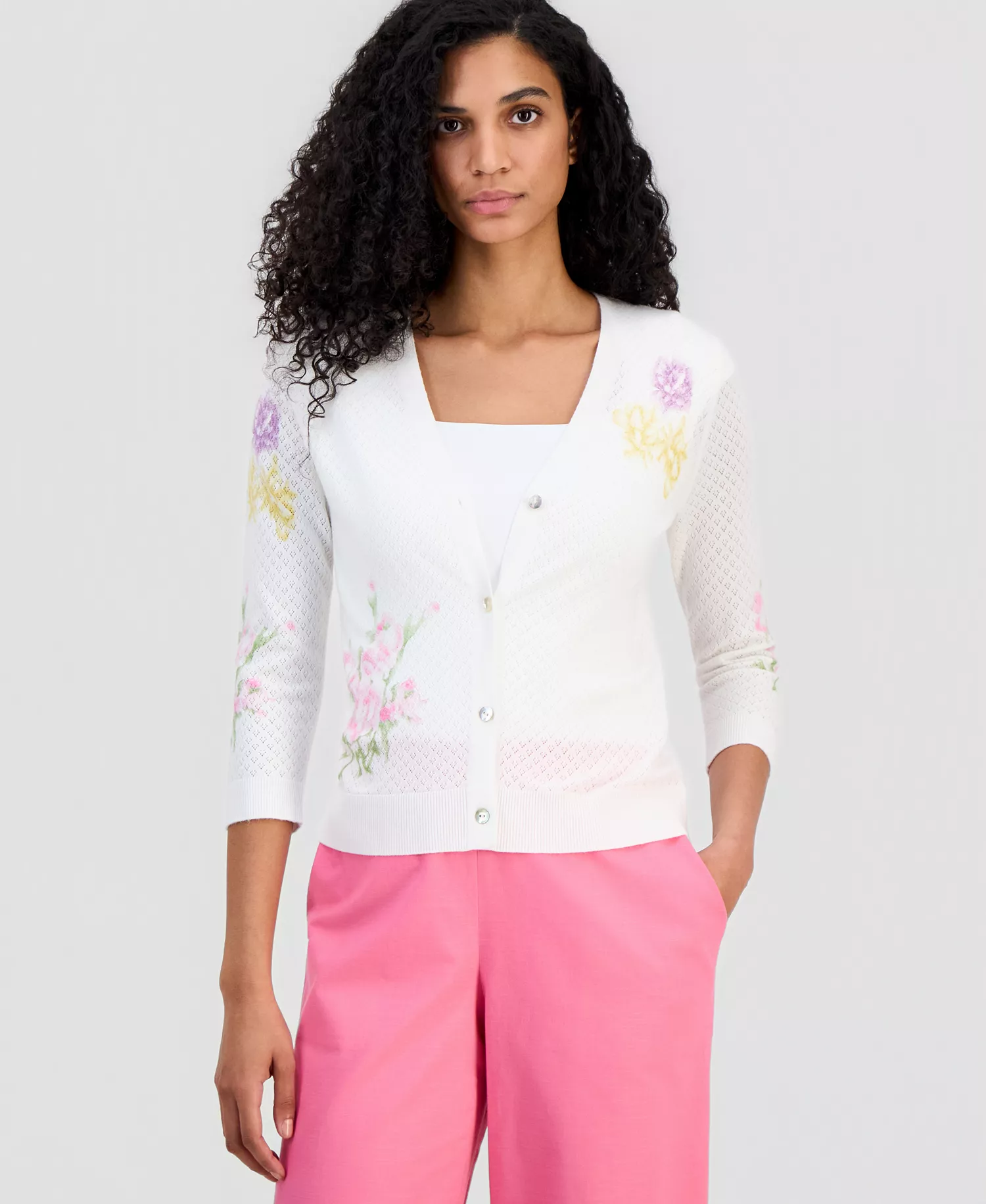 Women's Pointelle V-Neck Cardigan - White Star - L