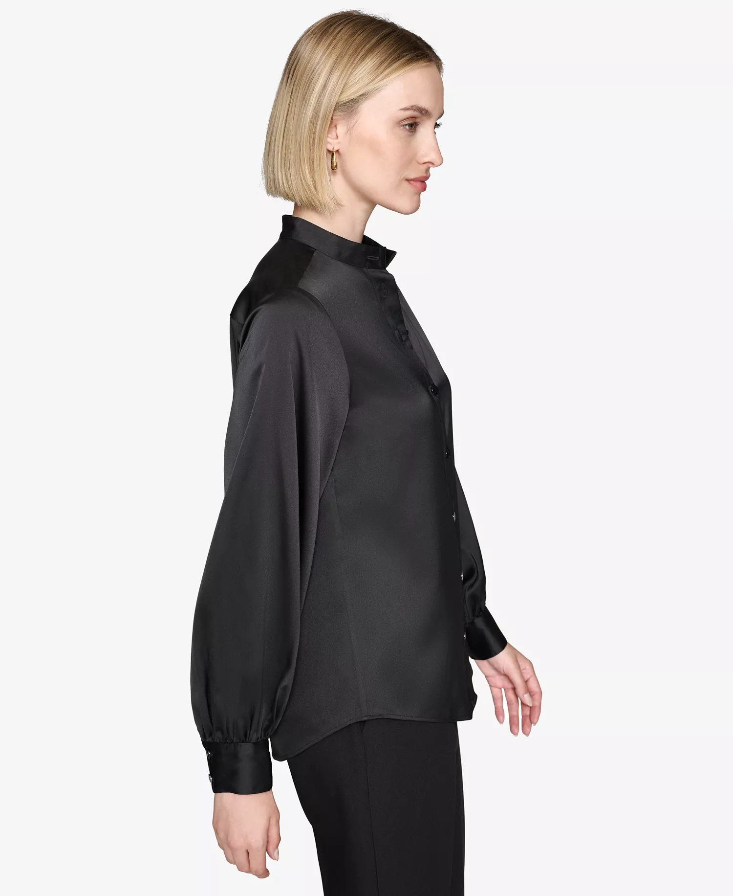 Women's Band-Collar Blouse - Black - L