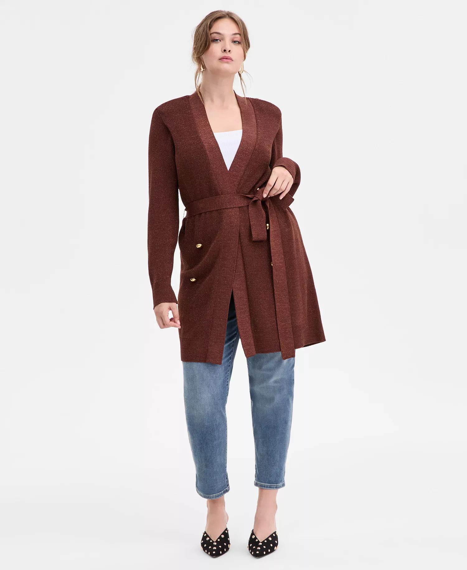 Plus Size Metallic Double-Breasted Cardigan, Created for Macy's - Moroccan Brown - 3X - Plus