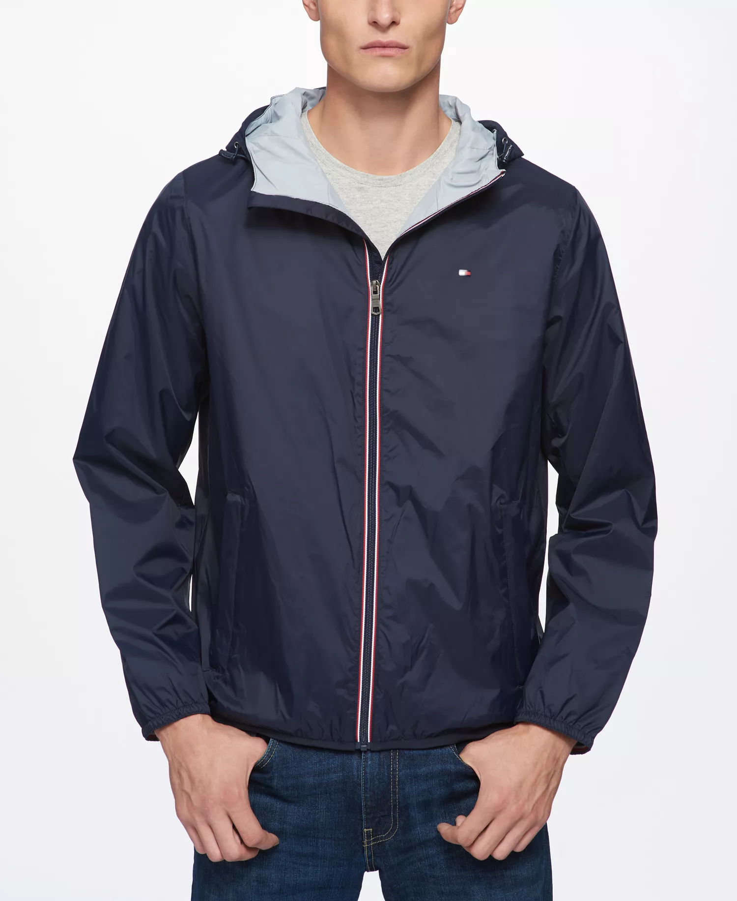 Men's Zip-Front Hooded Nylon Windbreaker - Navy - L