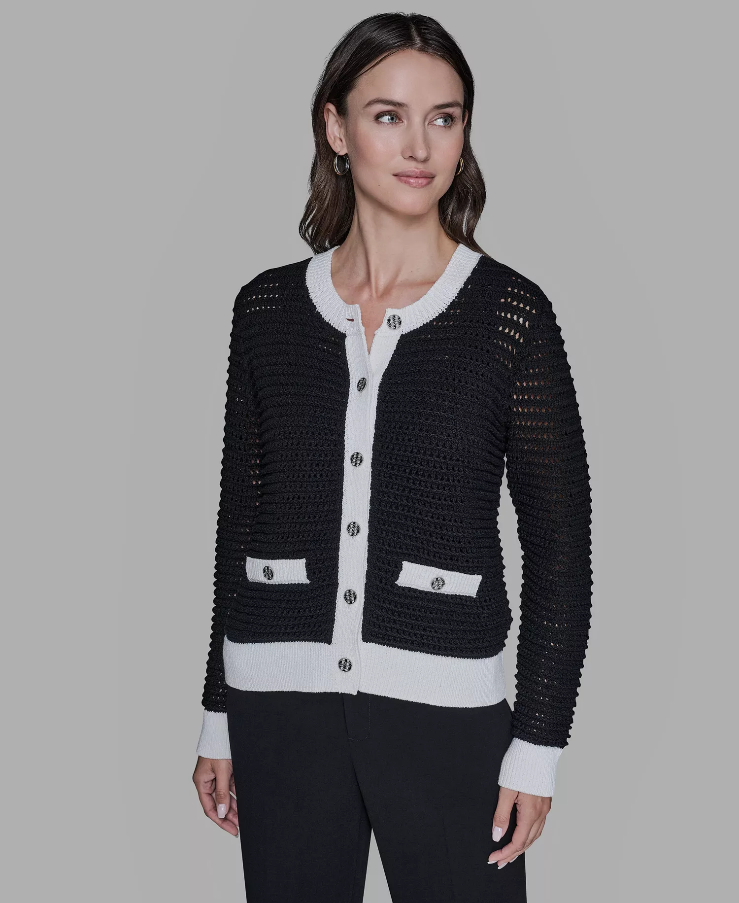 Women's Button-Front Cardigan - Black/soft White - L
