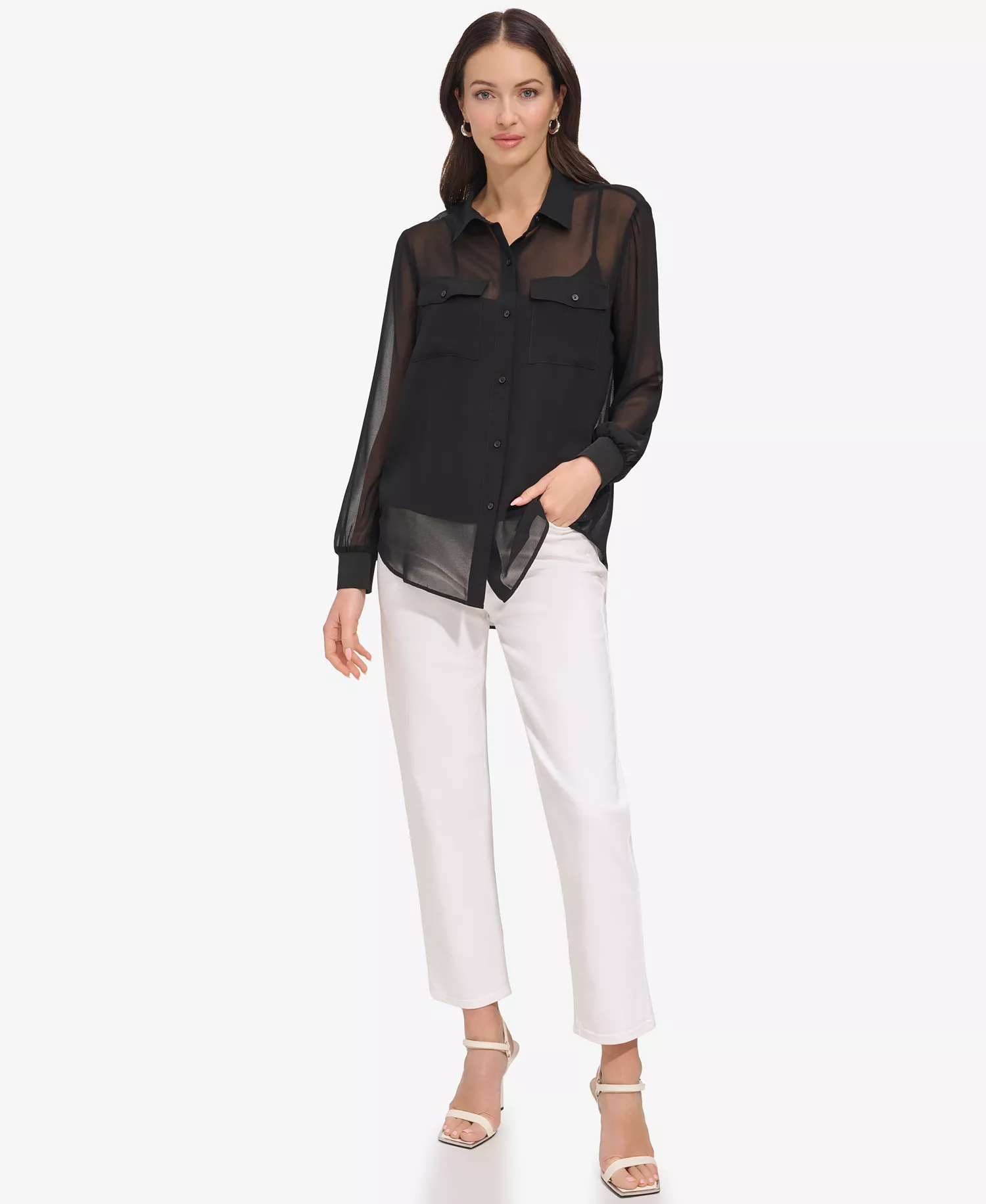 Women's Button-Down Chiffon Shirt - Black - S