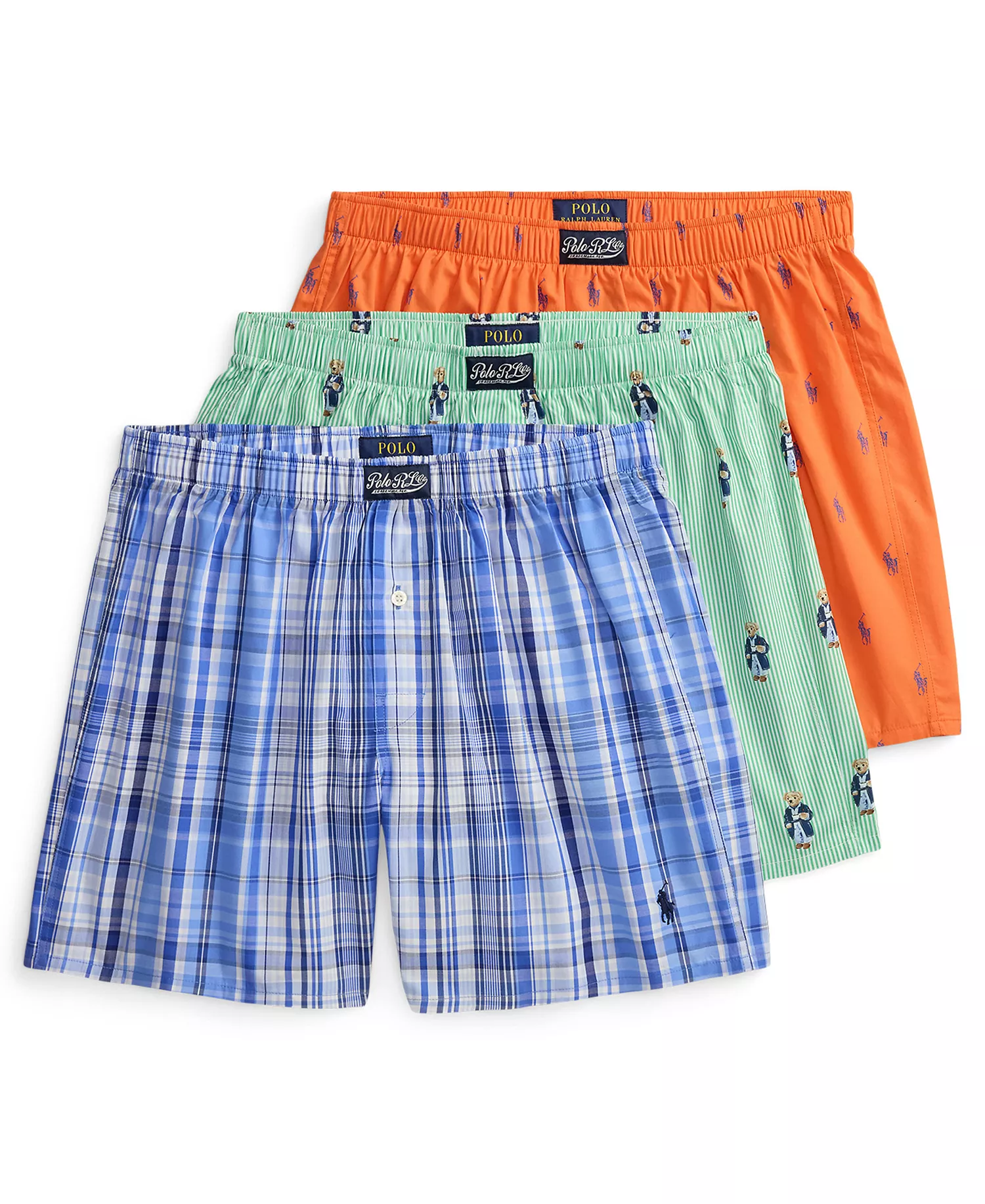 Men's Single-Button Fly Woven Boxers, 3-Pack Set - Morning Robe Bear Stripe/Robinson Plaid/Spring Melon - L