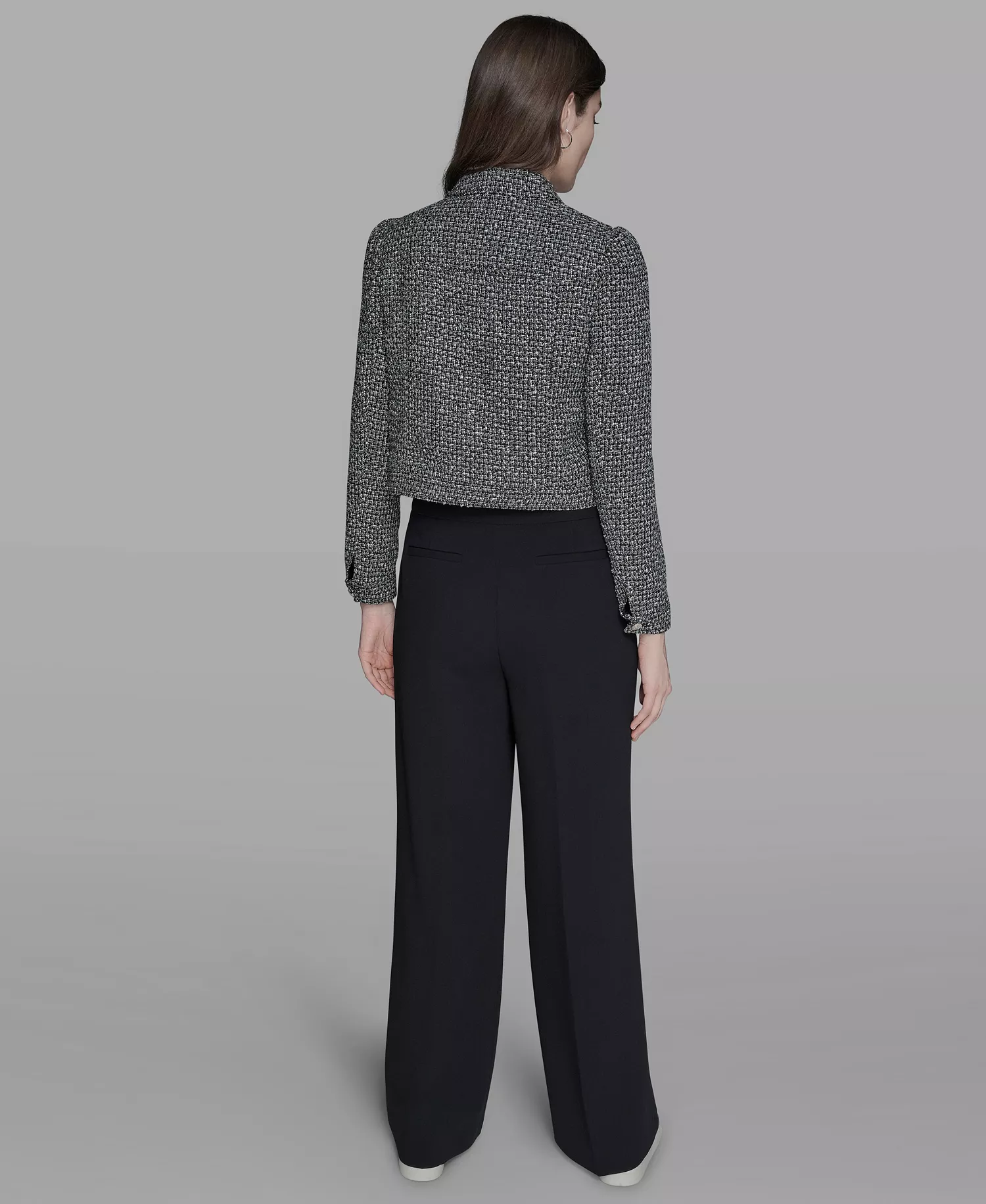 Women's Collared Button Front Tweed Jacket - Black/soft White - 14