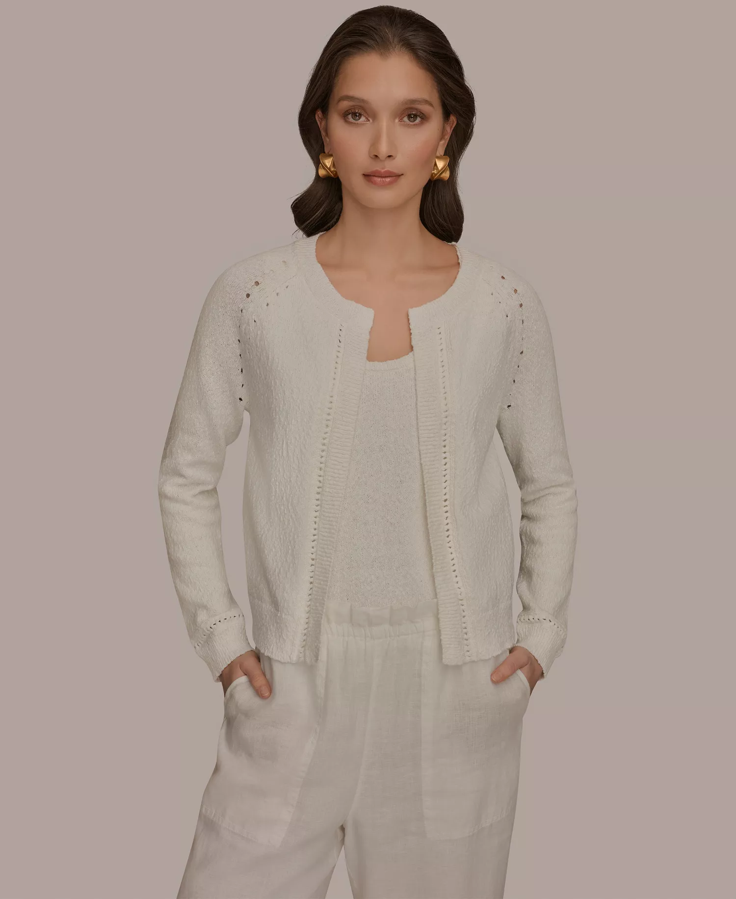 Women's Pointelle Stitch Open-Front Cotton Cardigan  - Cream - L