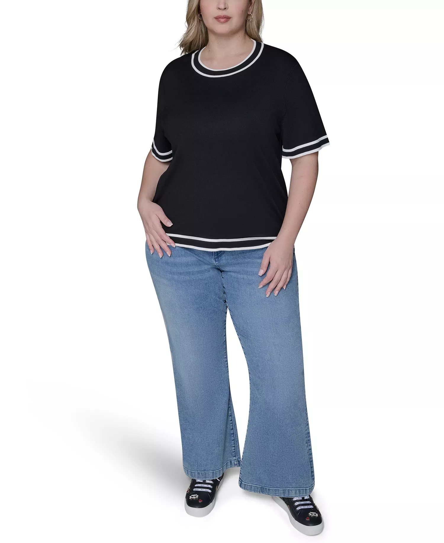 Women's Plus Size Crew Neck Short-Sleeve Sweater - Black - 0X