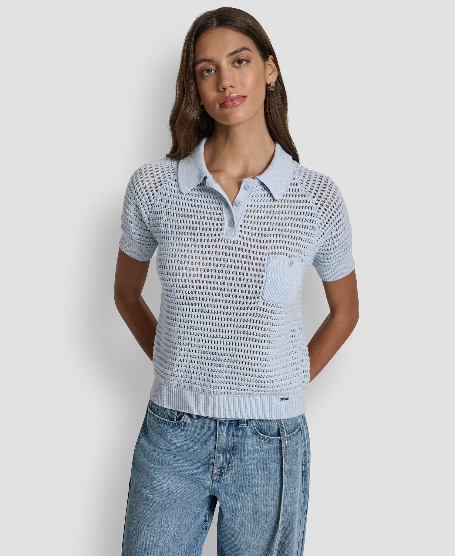 Women's Short-Sleeve Polo Collar Faux Crochet Stitch Sweater - Frost Blue - L