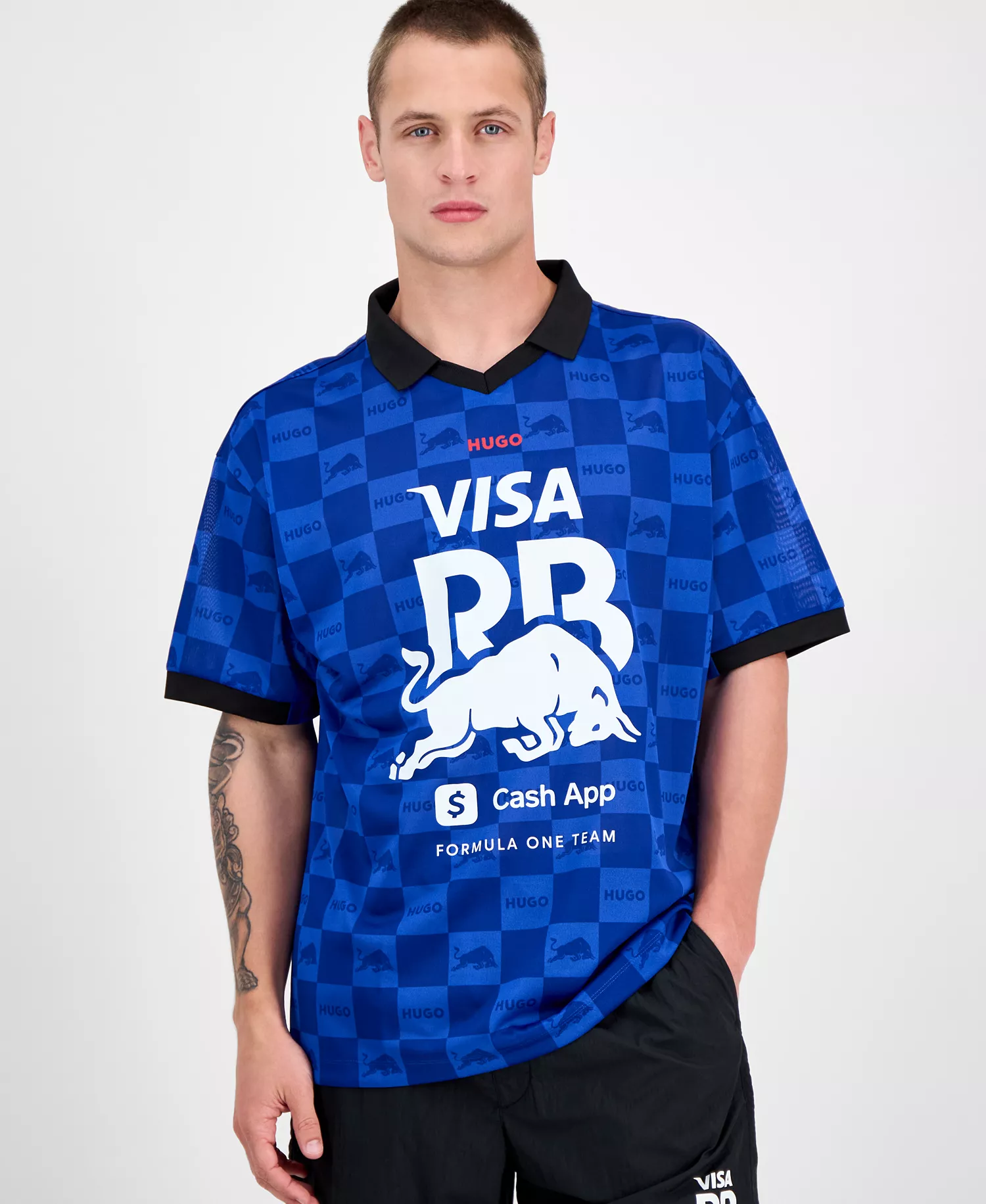 Men's Fanwear Oversized Short Sleeve Open-Collar Check Logo Graphic Polo Shirt - Med Blue - S