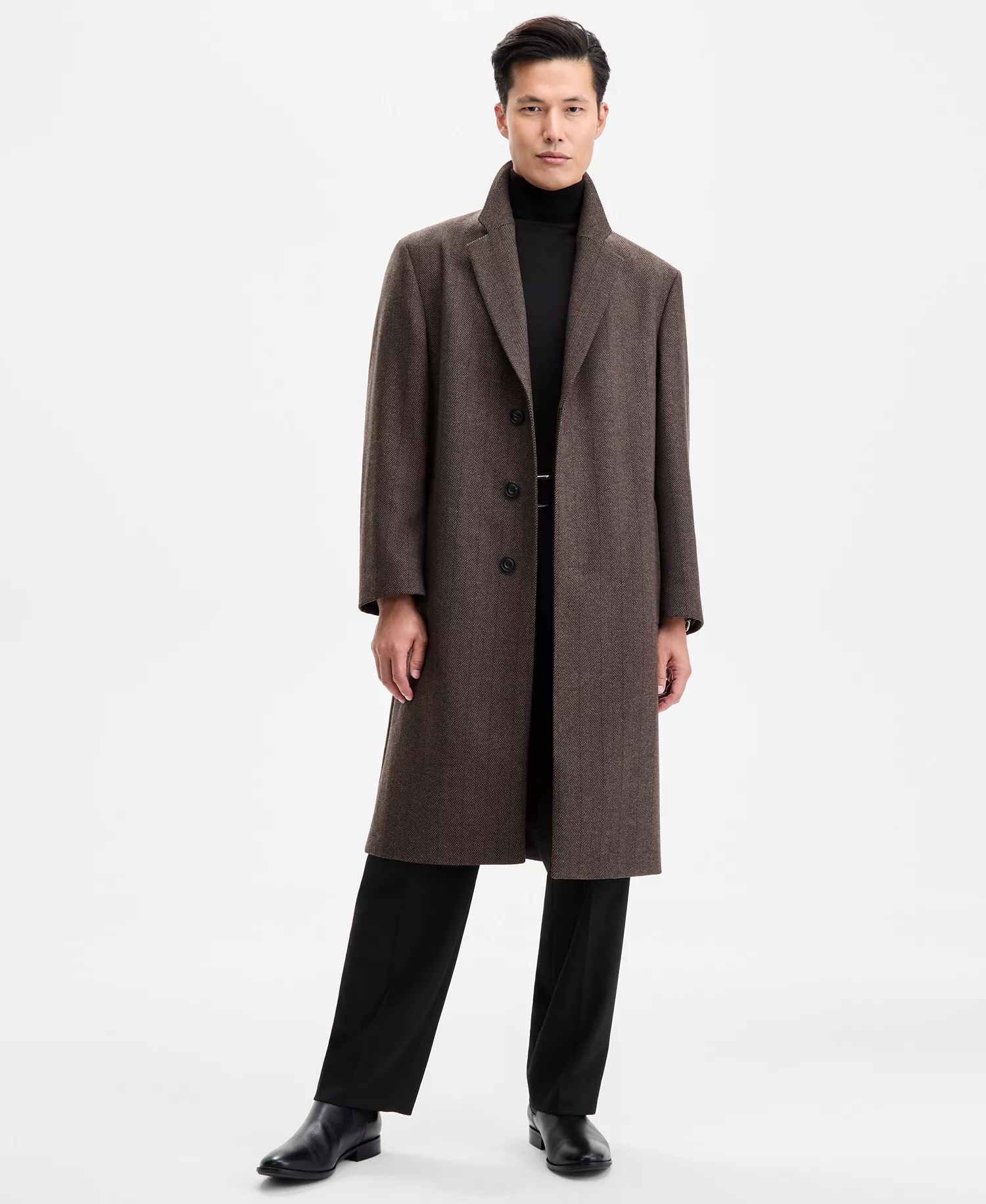 Men's Modern-Fit Herringbone Overcoat - Brown - 2XL