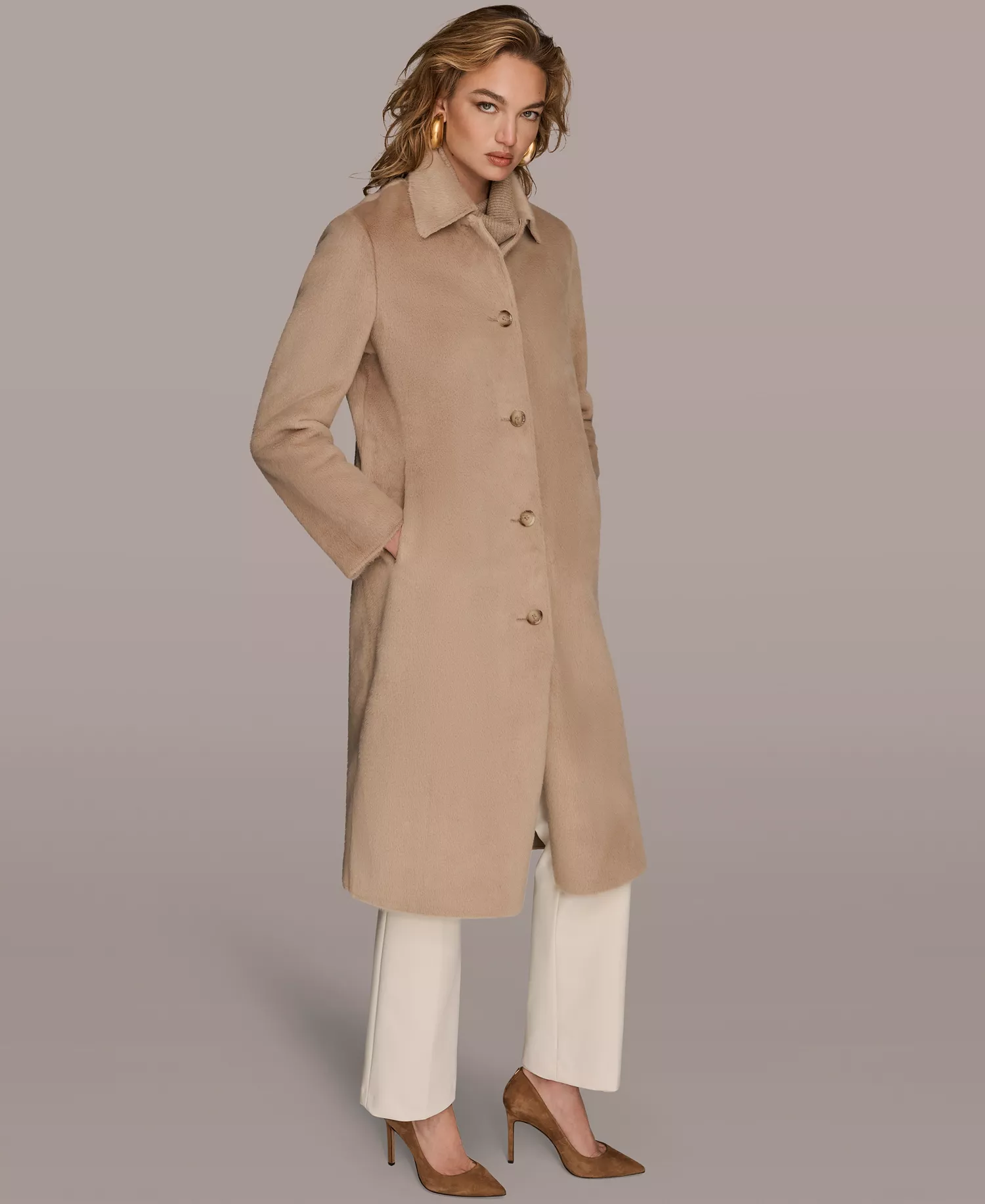 Women's Button Front Maxi Coat - Beige - L